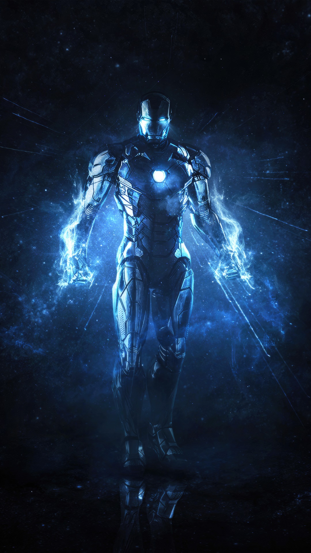Iron Man in blue energy with cosmic background HD Phone Wallpaper