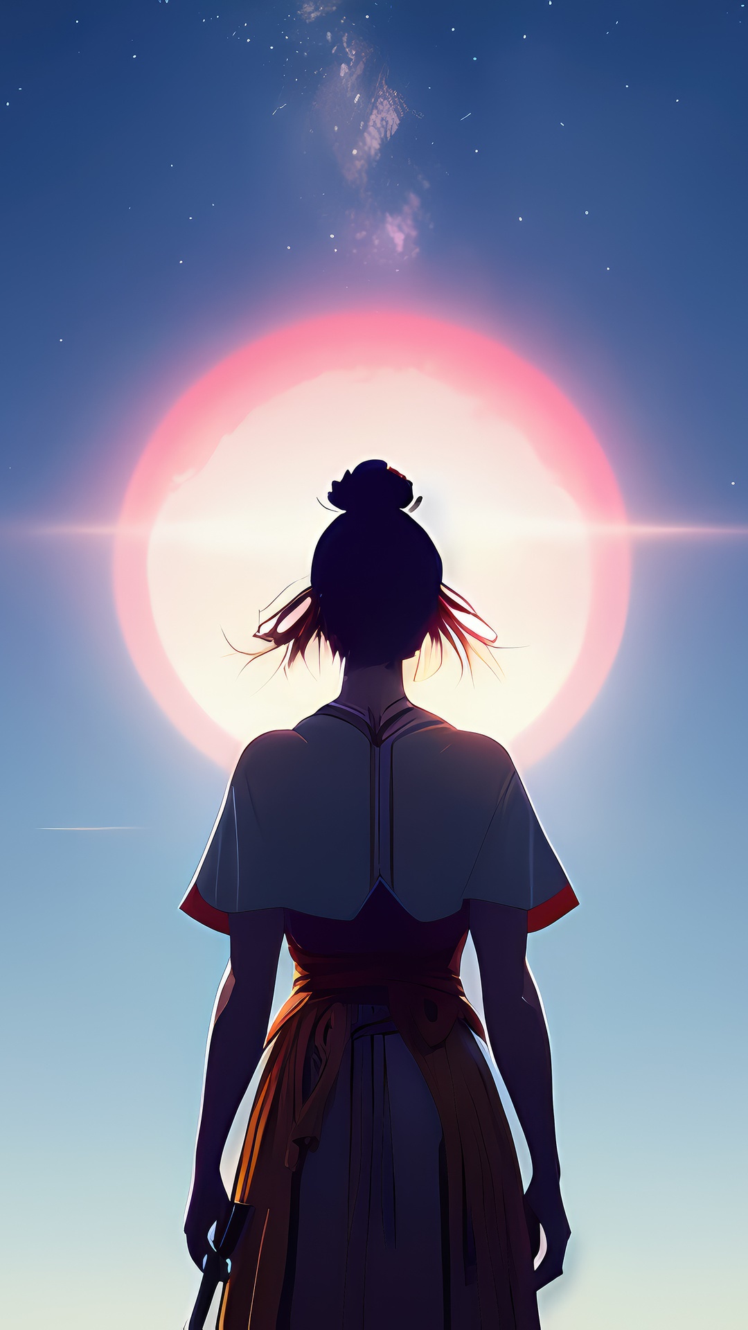 Anime girl with sword facing a large red sun HD Phone Wallpaper
