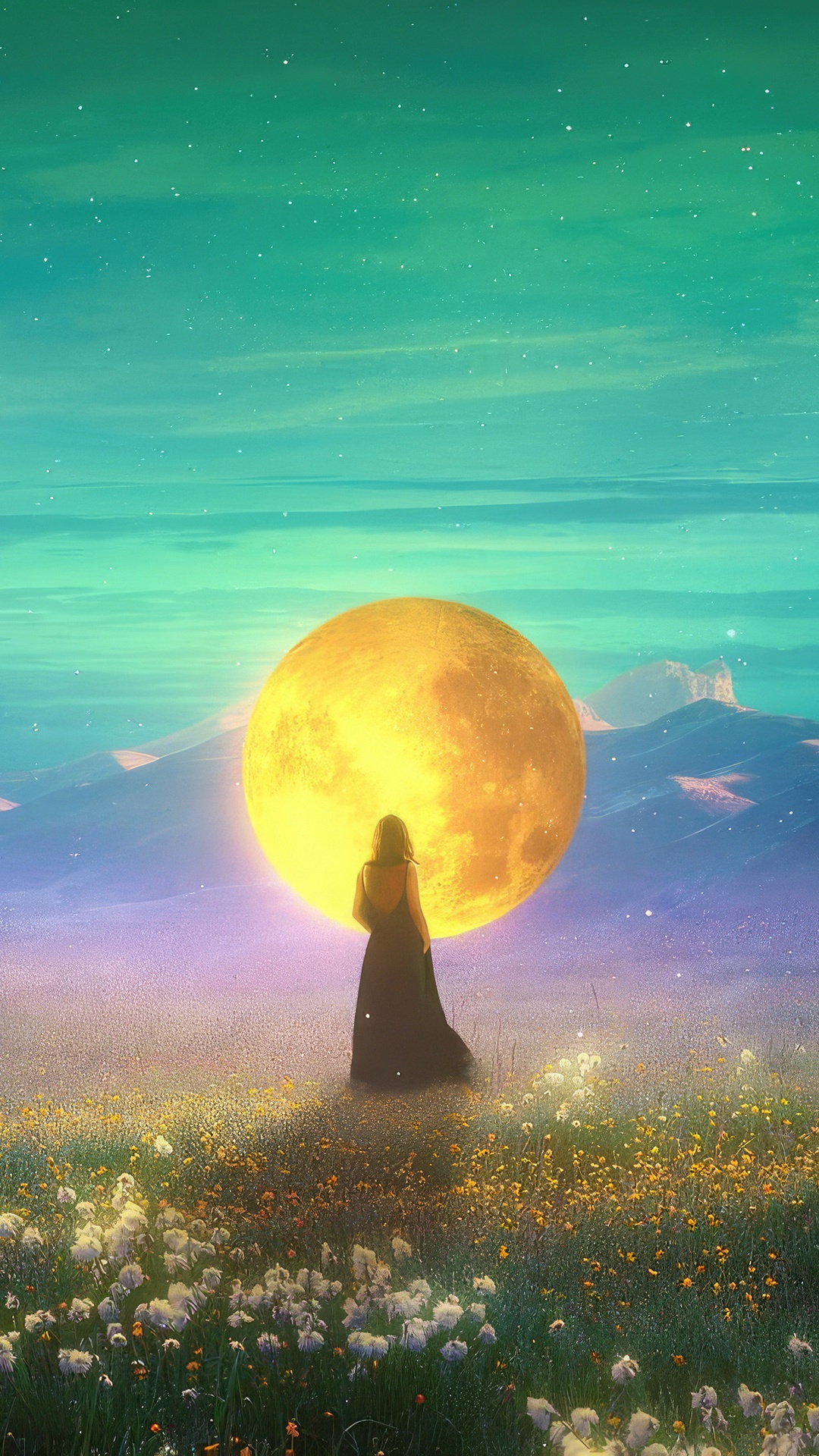 Woman in a field facing a large moon HD Phone Wallpaper