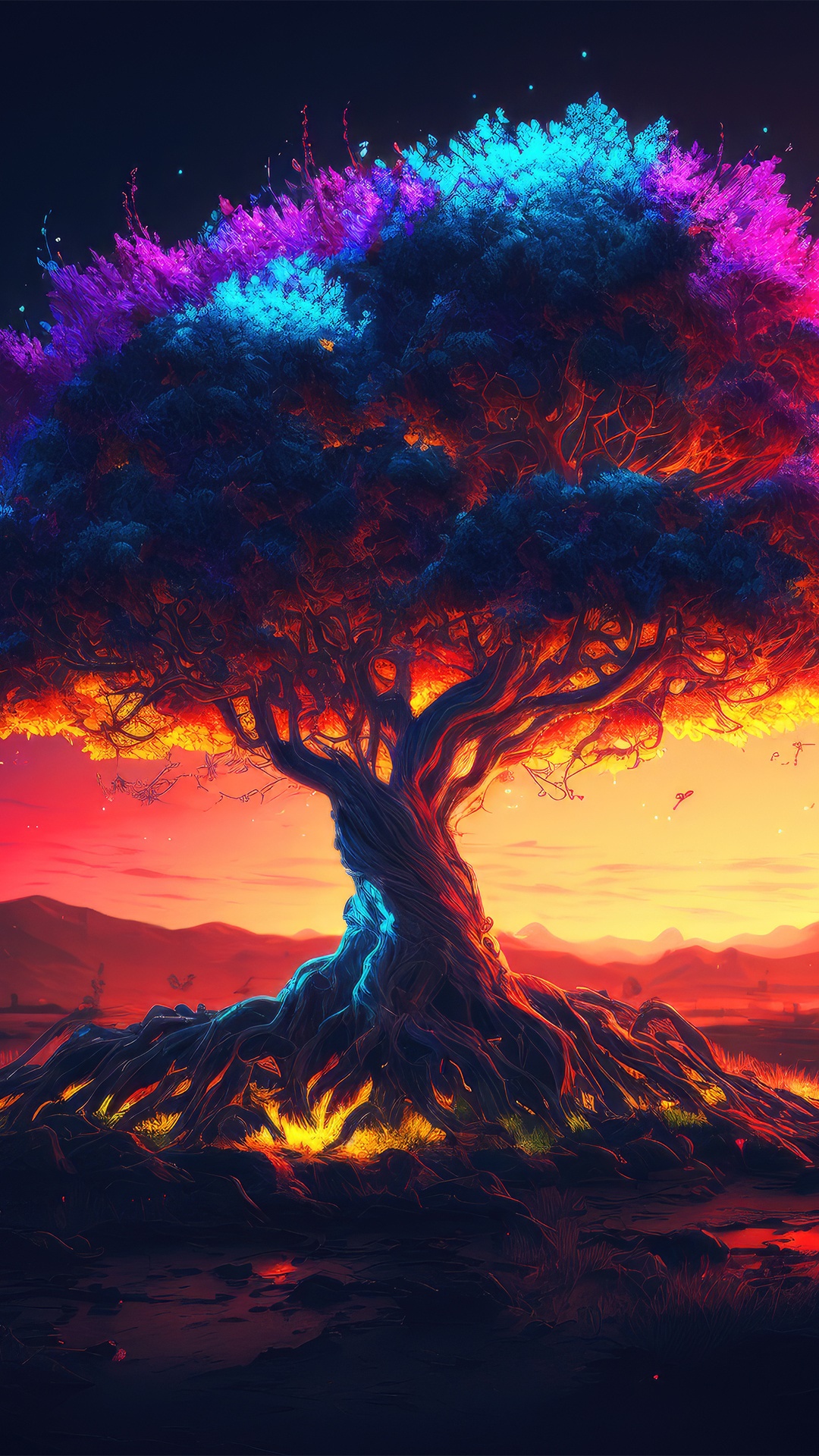 Digital Art of a Mystical Tree at Sunset HD Phone Wallpaper