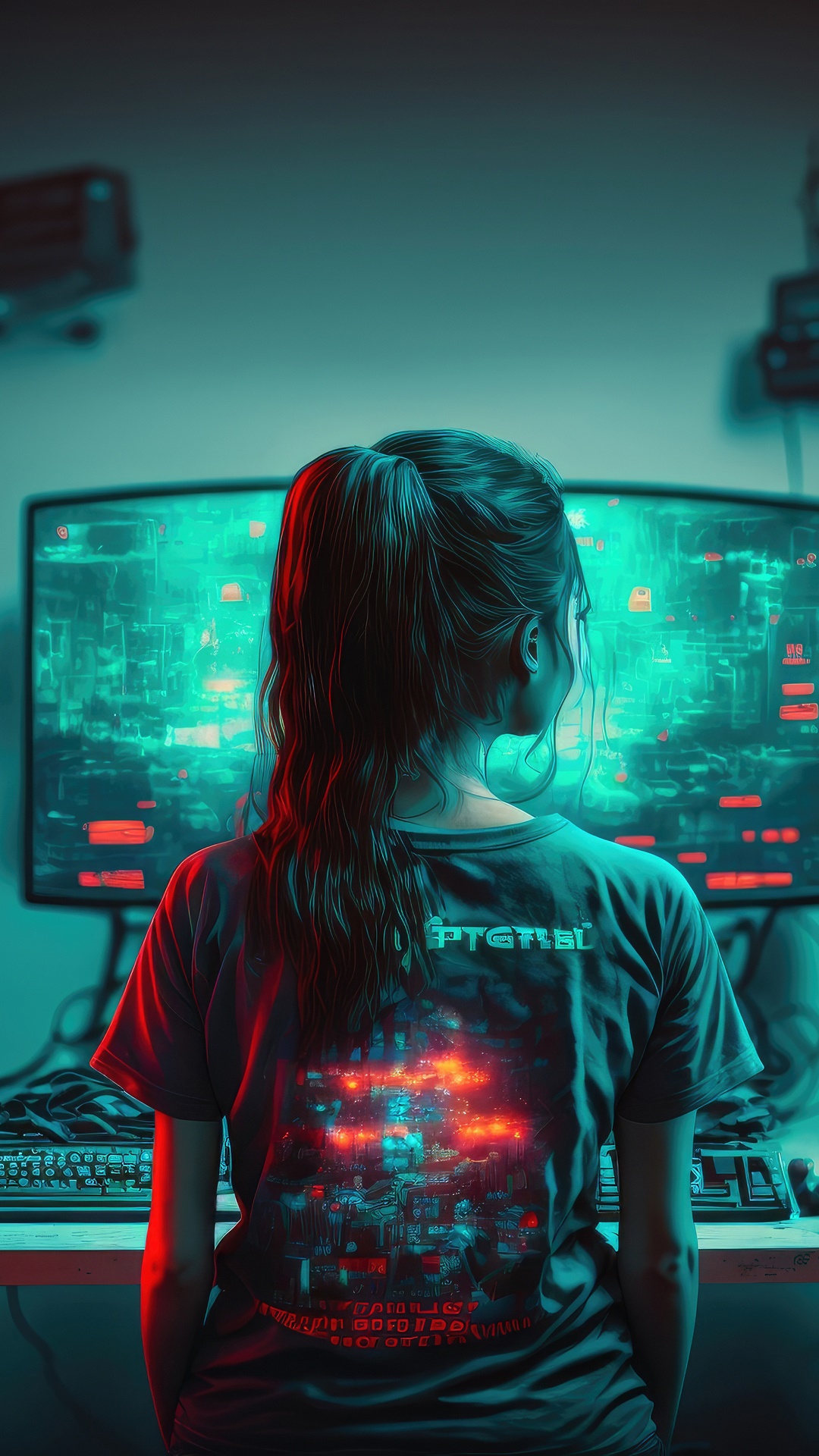 Digital Art of a Woman in Front of a Computer Screen HD Phone Wallpaper