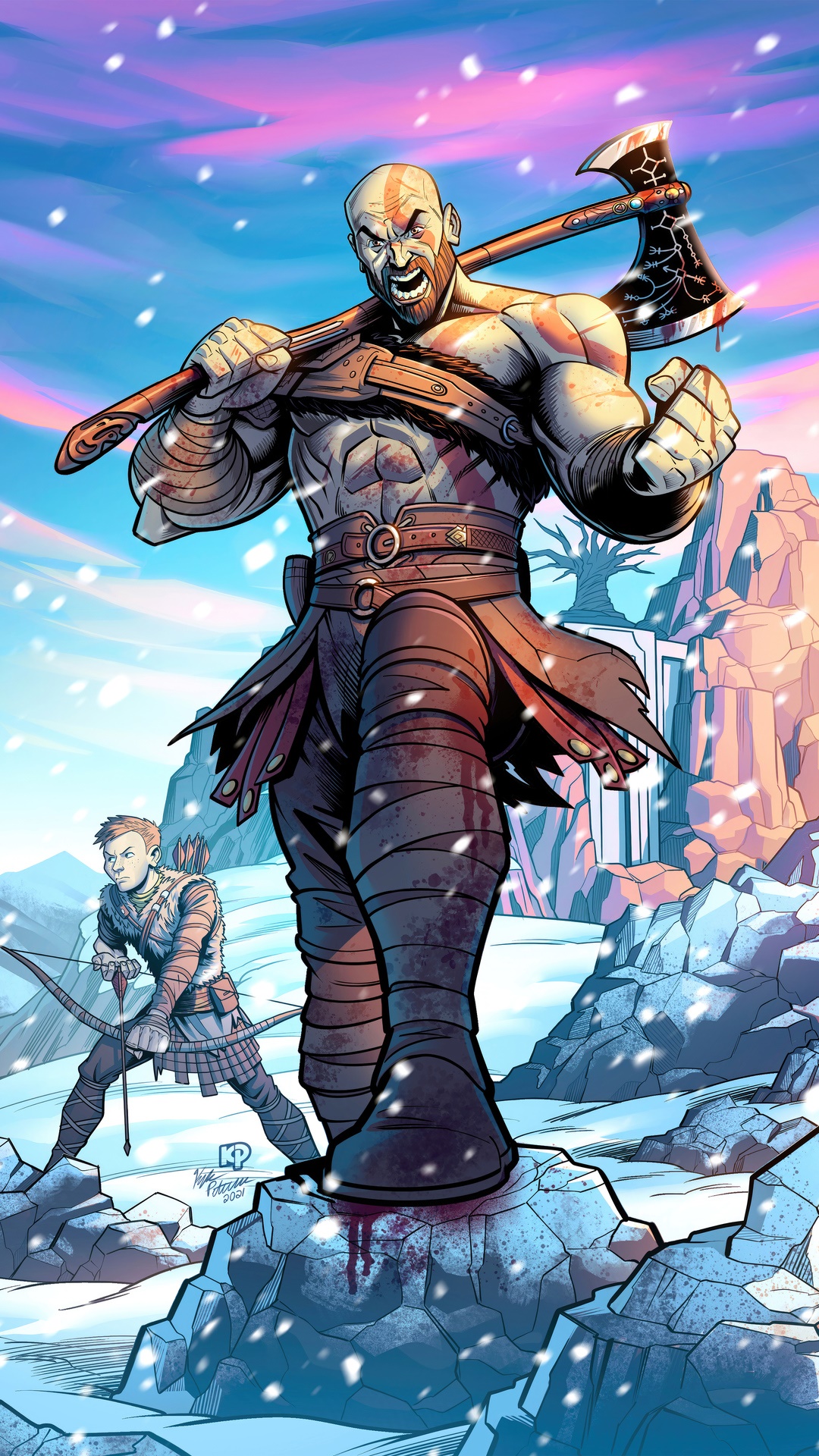 Kratos and Atreus in a snowy landscape HD Phone Wallpaper