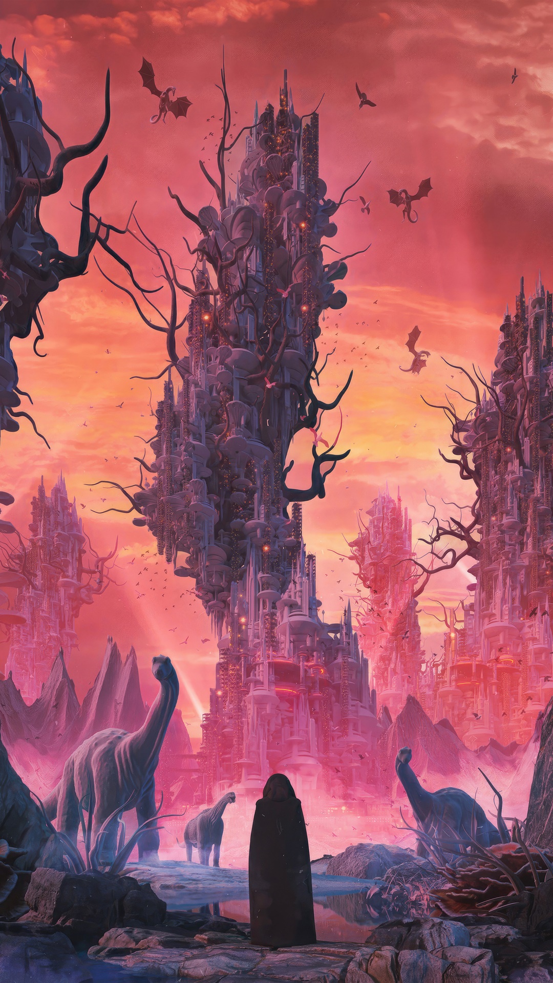 Fantasy Cityscape with Dragons and Dinosaurs HD Phone Wallpaper