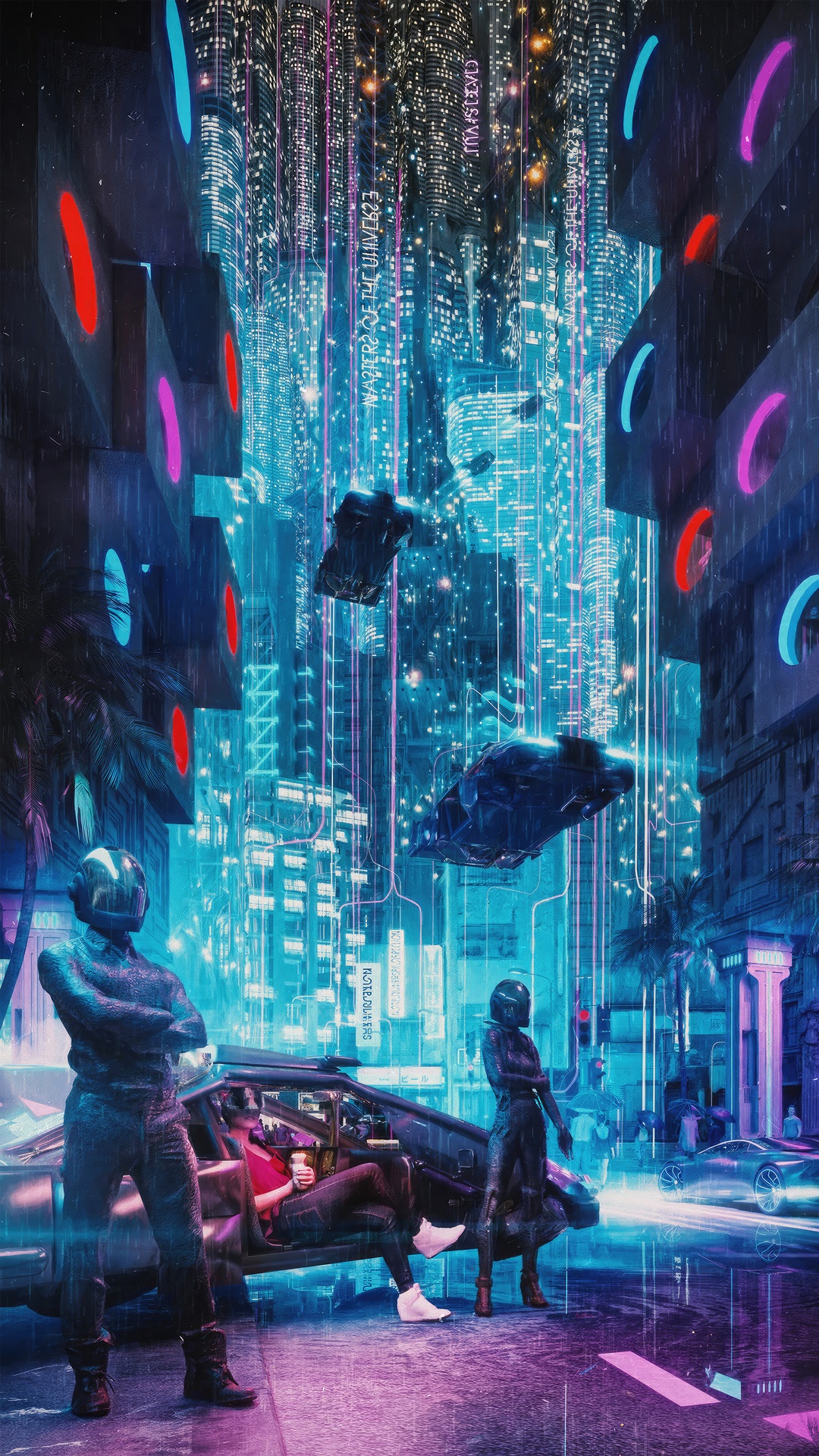 Cyberpunk Cityscape with Figures and Flying Vehicles HD Phone Wallpaper