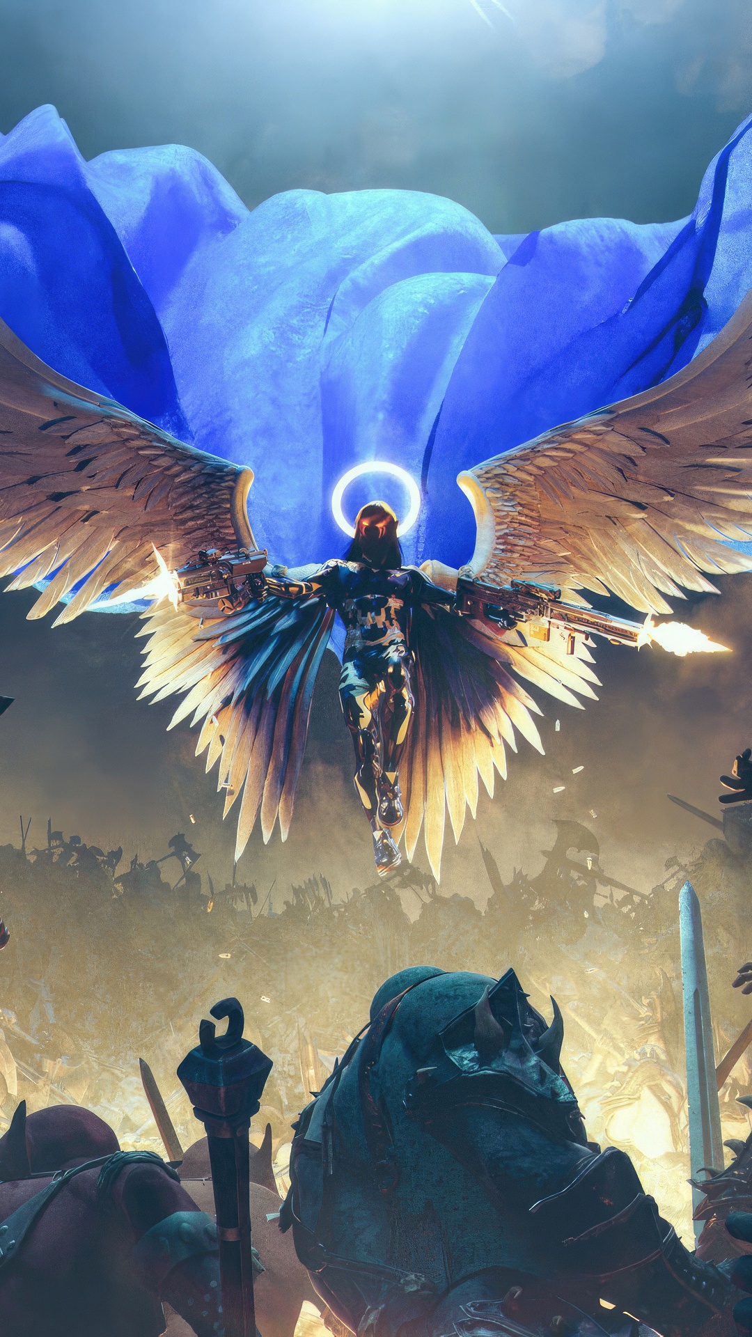 Angel with wings and guns in battle HD Phone Wallpaper
