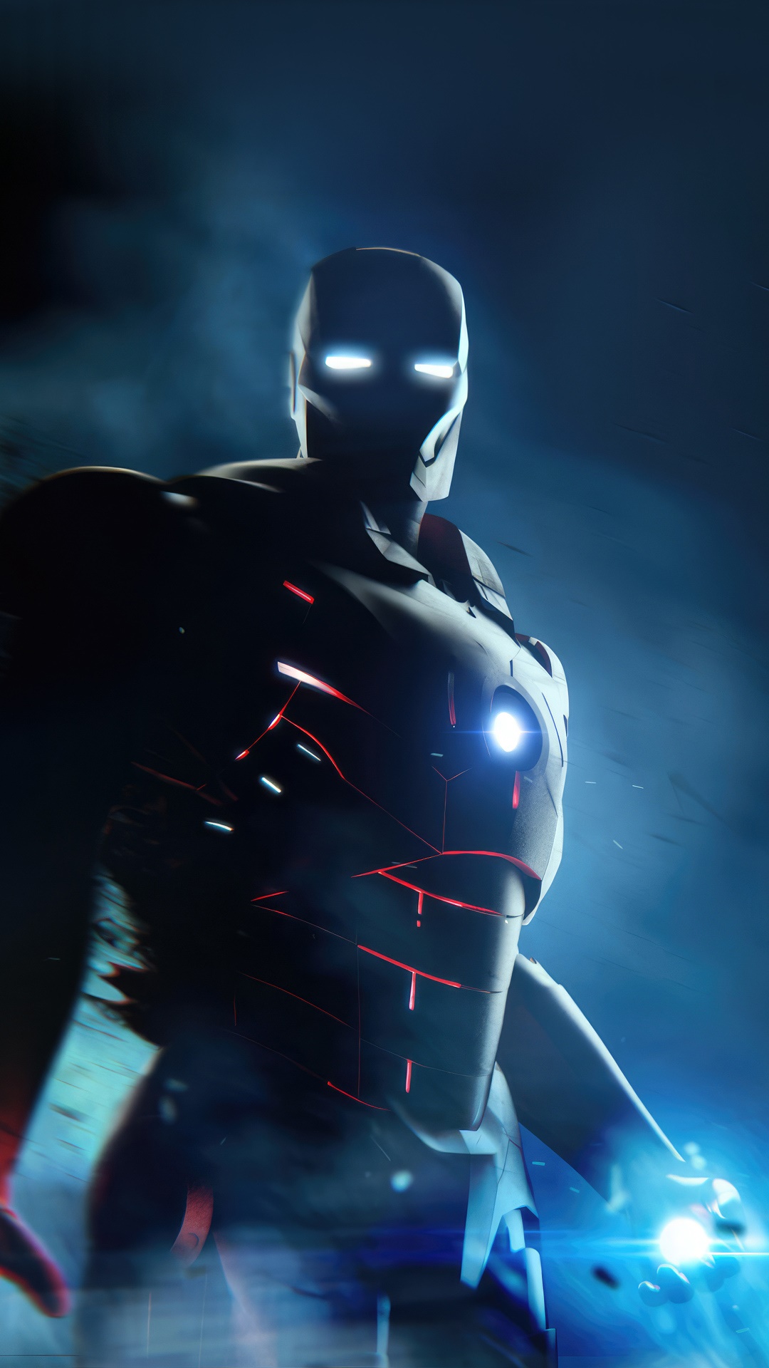 Iron Man in dark suit with red and blue lights HD Phone Wallpaper