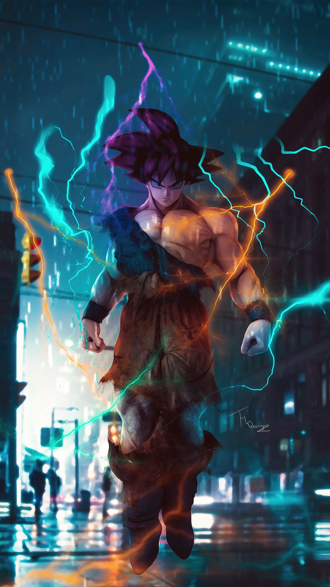 Goku surrounded by lightning in a city HD Phone Wallpaper