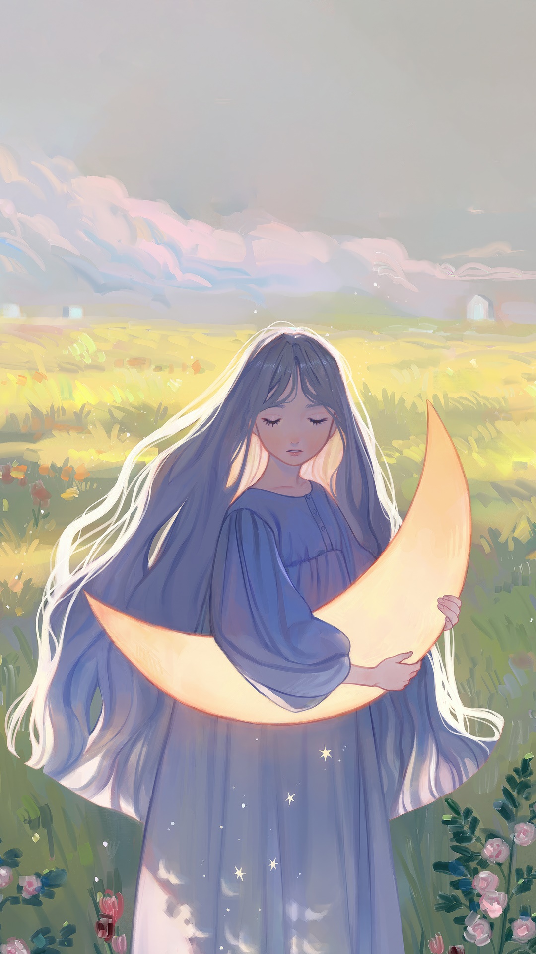 Anime girl holding a crescent moon in a field HD Phone Wallpaper