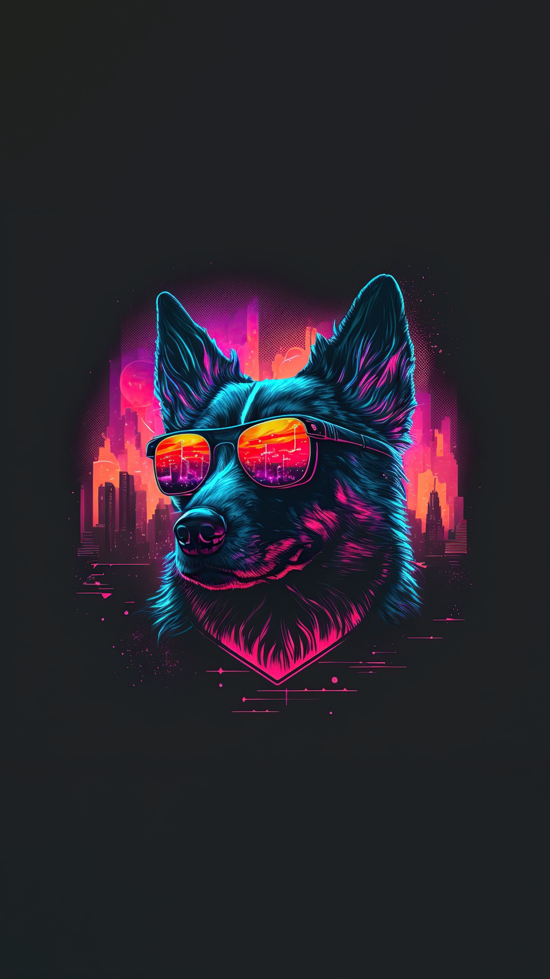 Retrowave dog wearing sunglasses in a city HD Phone Wallpaper