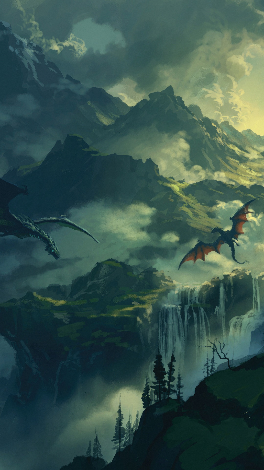 Digital art of dragons flying over mountains and waterfalls HD Phone Wallpaper