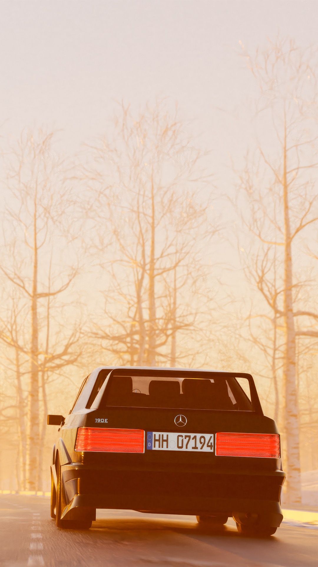 Mercedes-Benz 190E driving on a road HD Phone Wallpaper