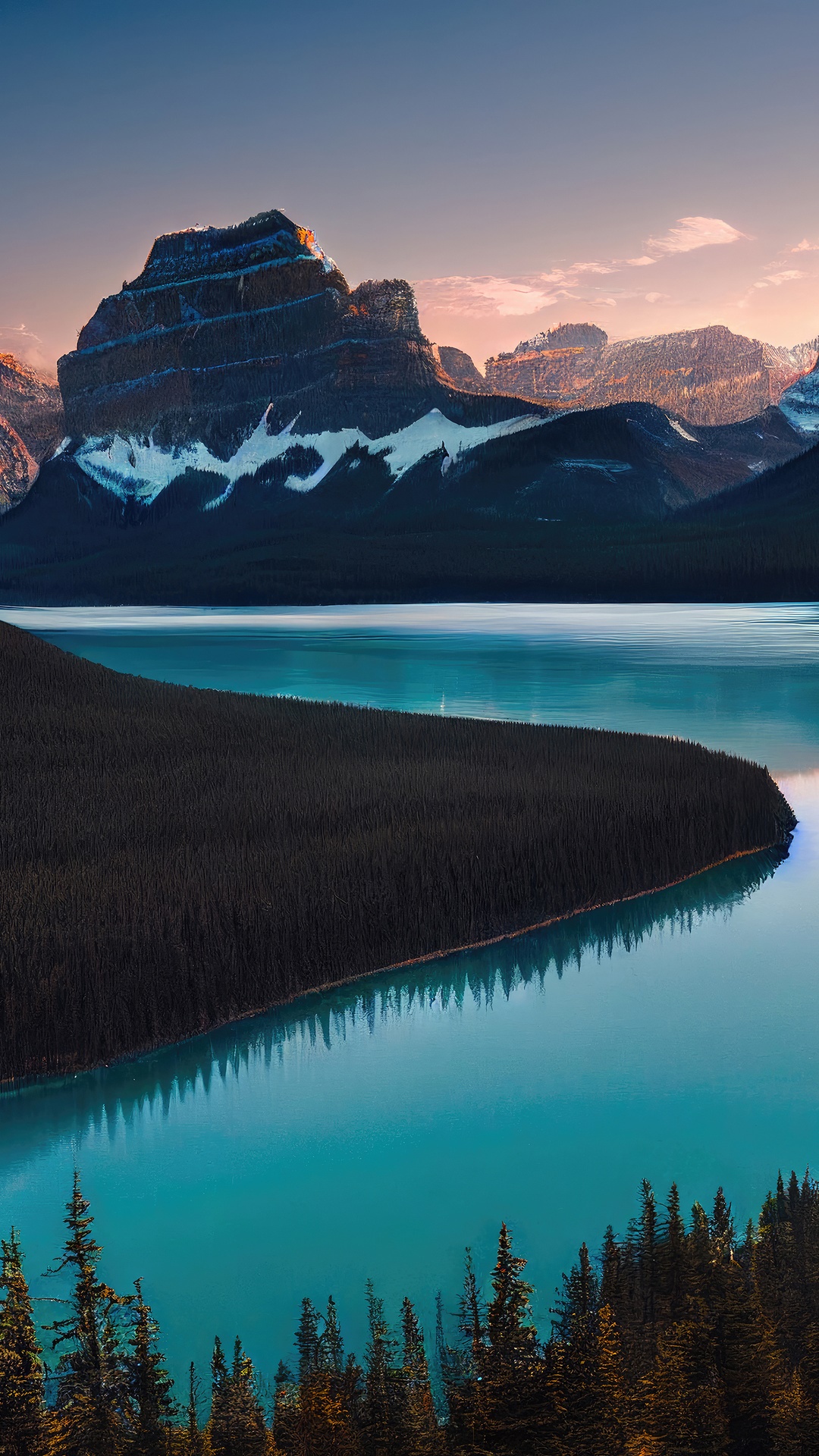 Mountain lake with forest and snow-capped peaks HD Phone Wallpaper