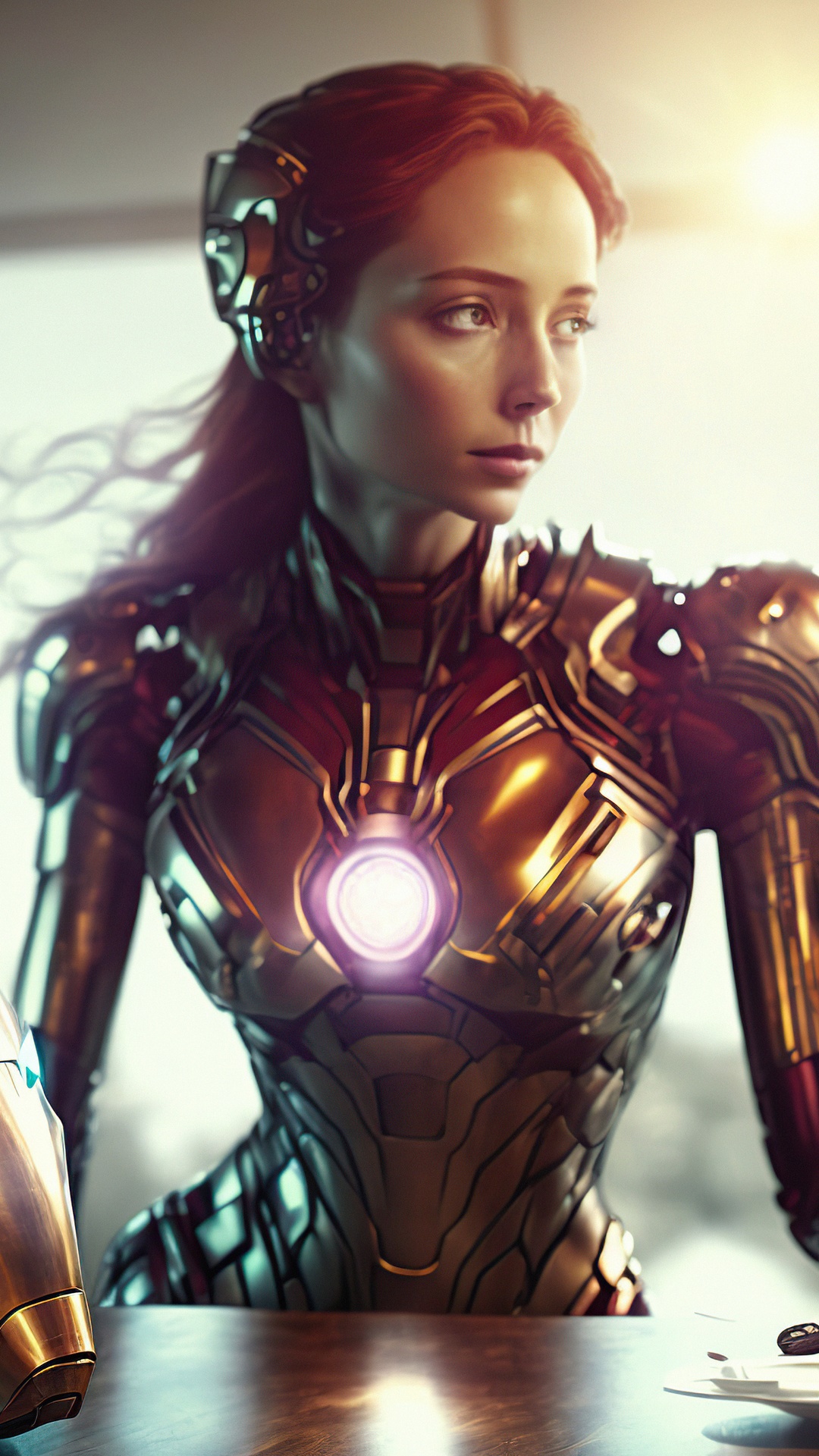 Woman in Iron Man Armor with Glowing Arc Reactor HD Phone Wallpaper