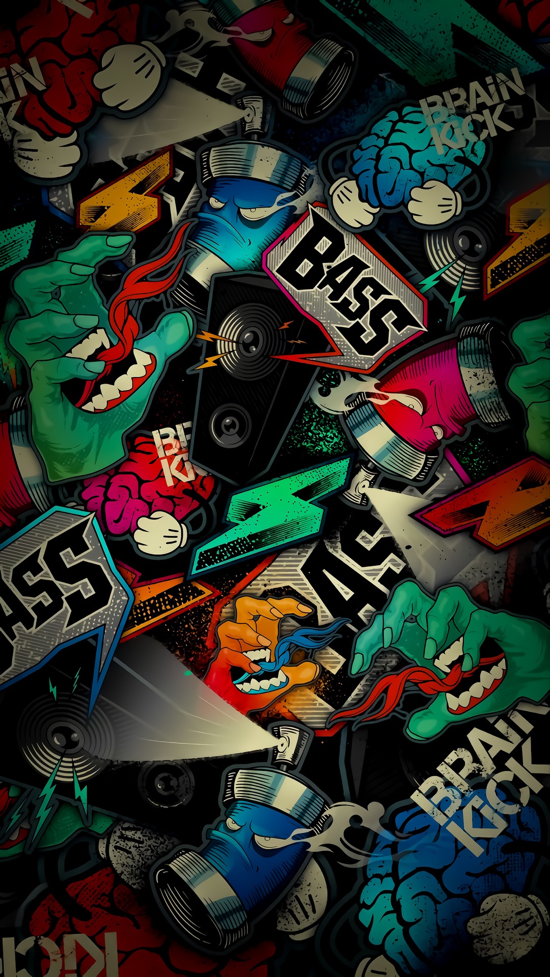 Graffiti art with spray cans, brains, and hands HD Phone Wallpaper