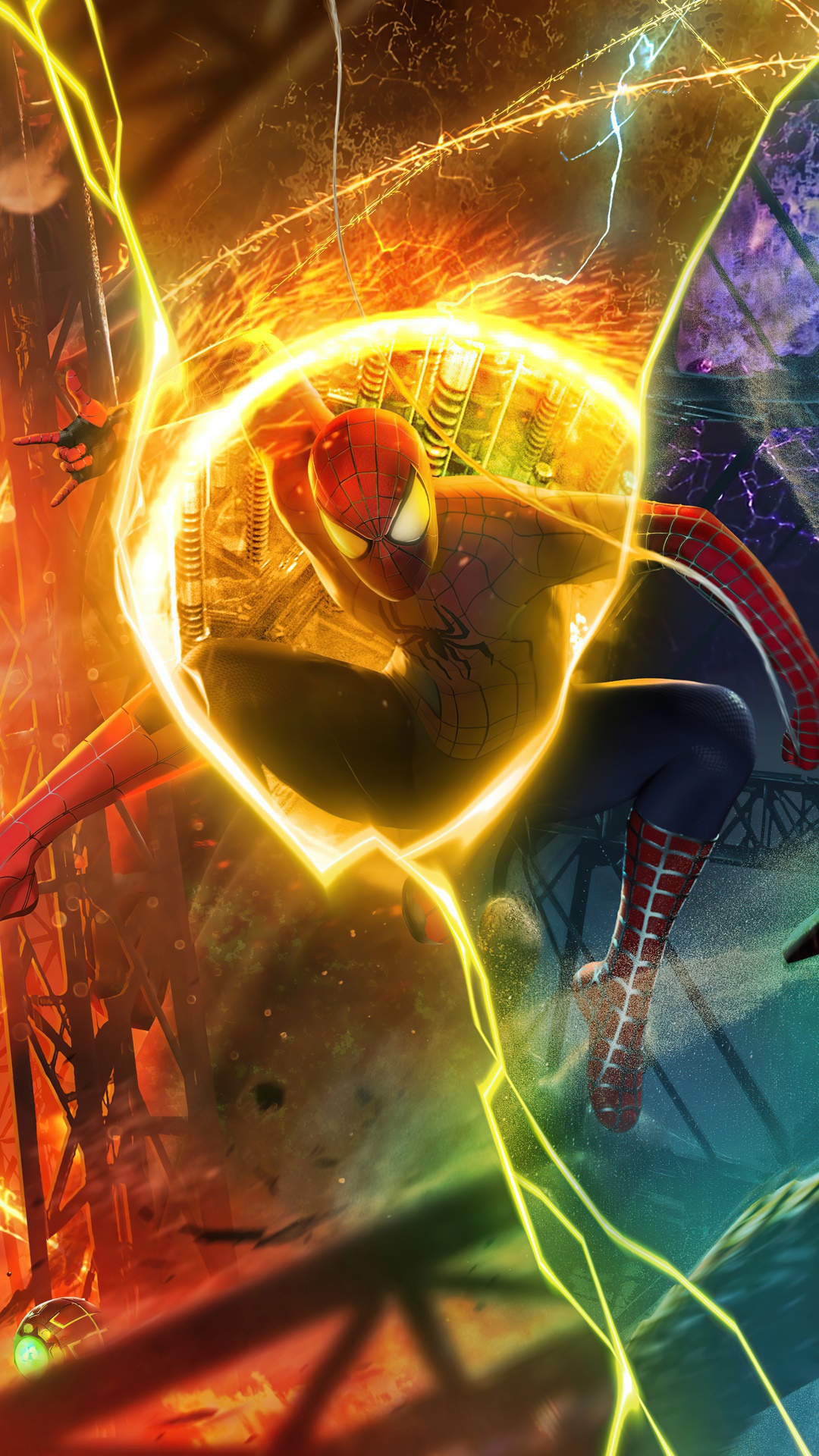 Spider-Man in a circle of light and lightning HD Phone Wallpaper