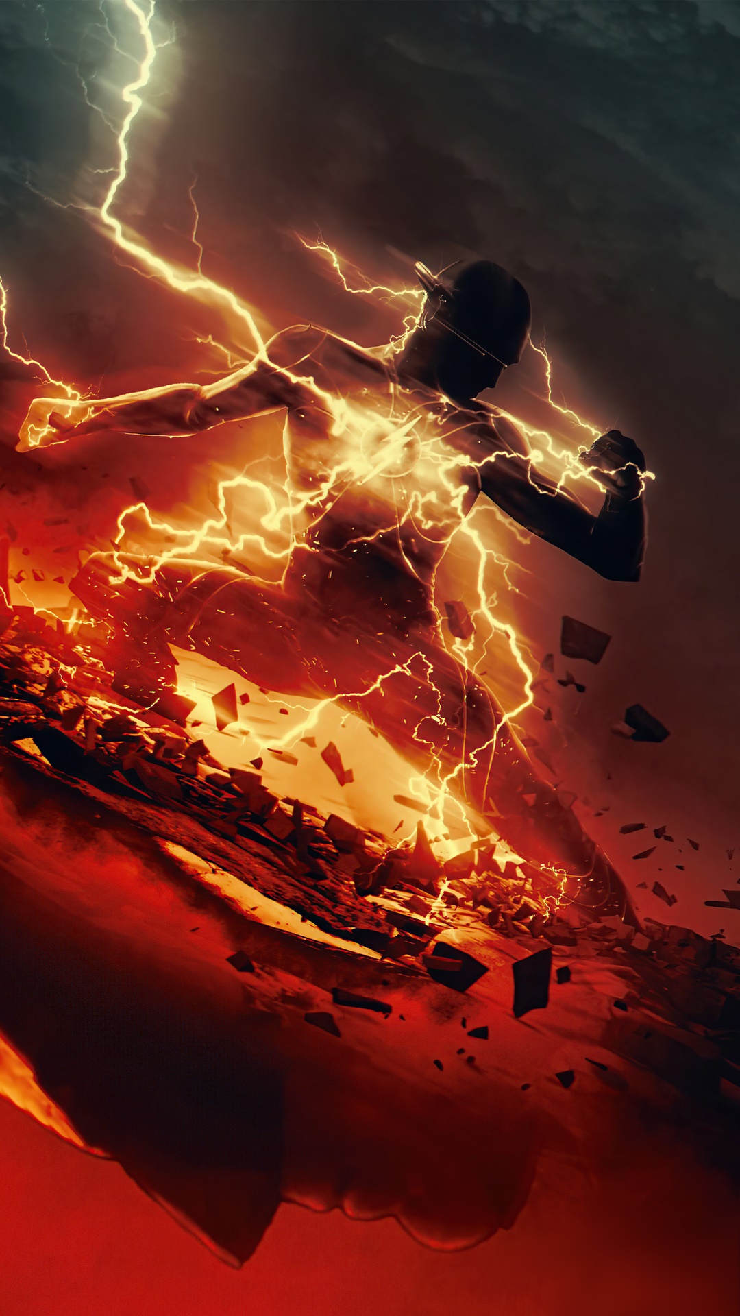 The Flash running with lightning and debris HD Phone Wallpaper