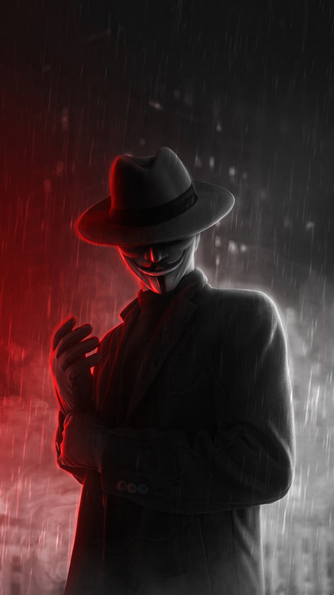Anonymous figure in a hat and mask in the rain HD Phone Wallpaper