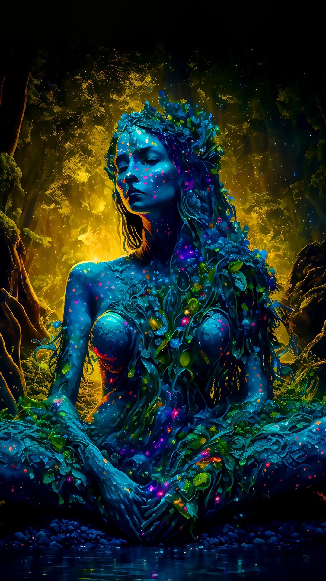 Fantasy woman covered in plants and stars HD Phone Wallpaper