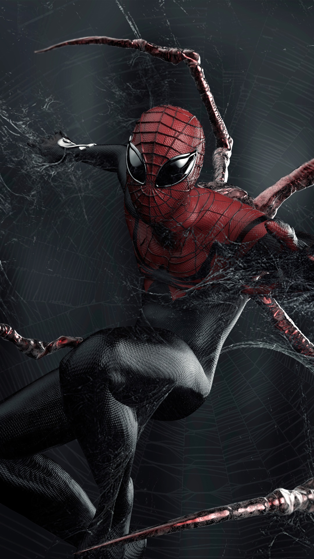 Spider-Man in a black and red suit with mechanical arms HD Phone Wallpaper