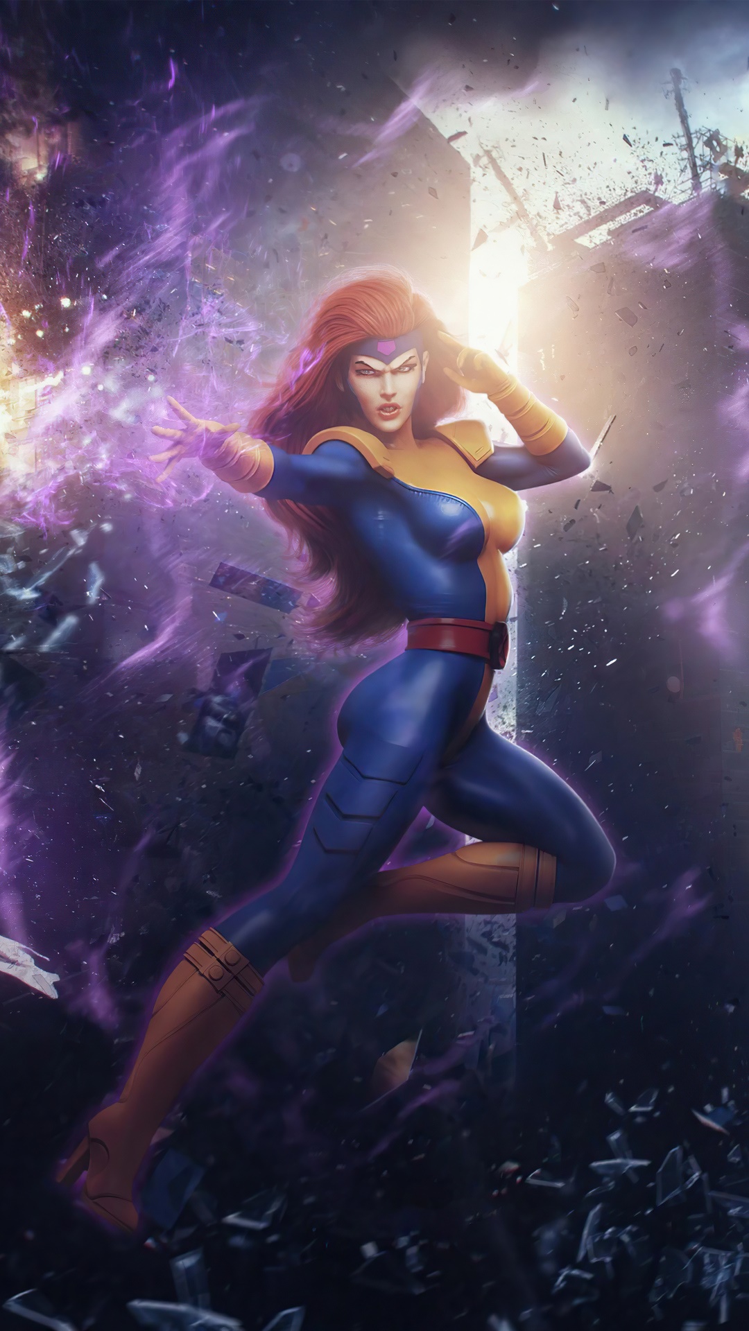 Jean Grey using psychic powers amidst destruction HD Phone Wallpaper
