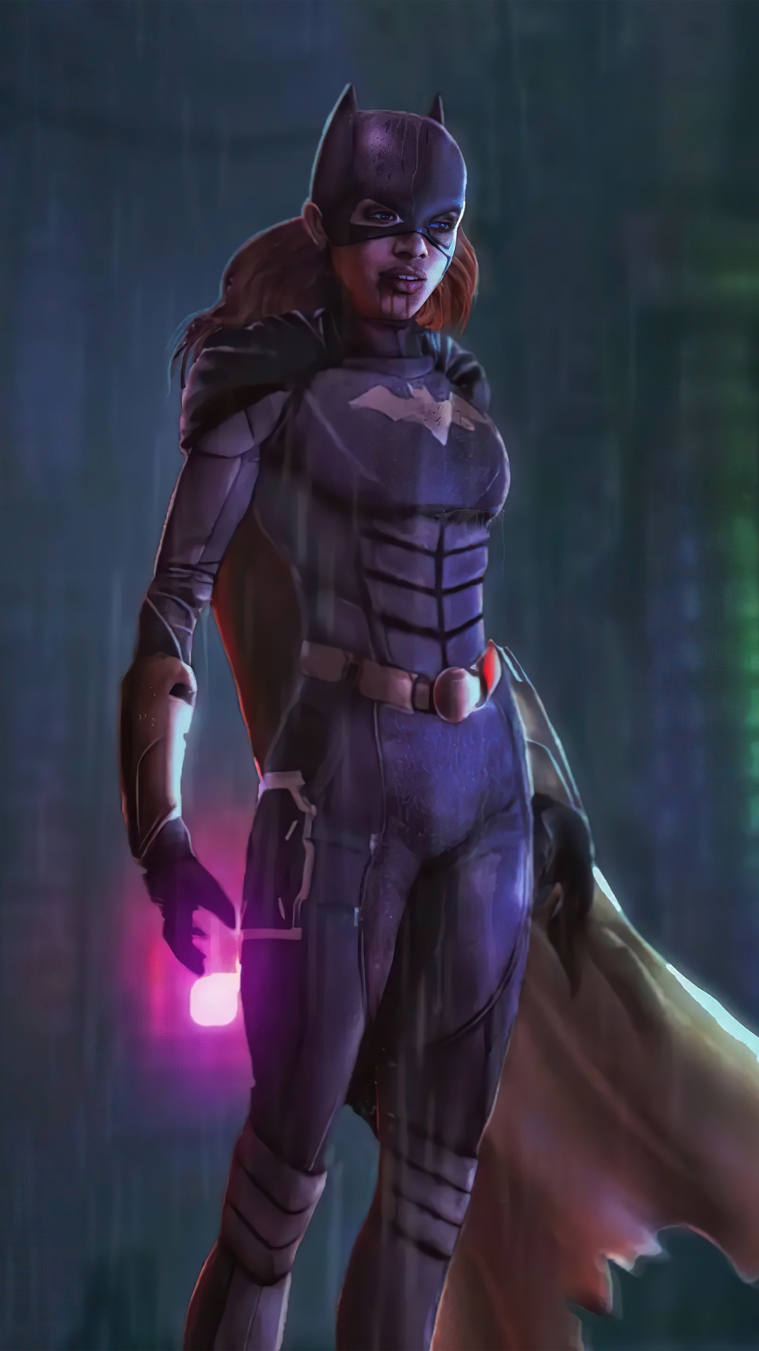 Batgirl in a dark, rainy city HD Phone Wallpaper