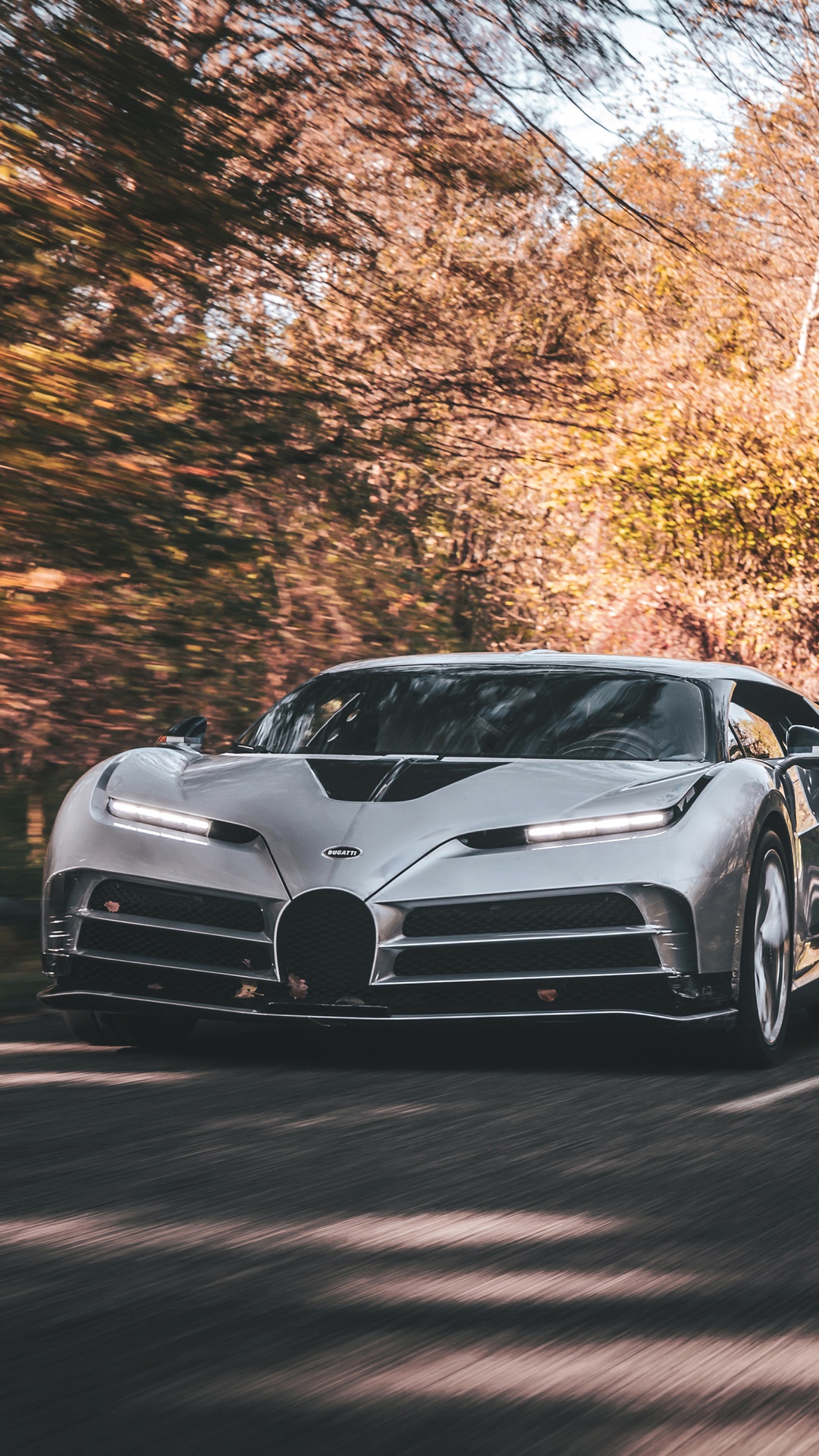Bugatti Centodieci driving through autumn trees HD Phone Wallpaper