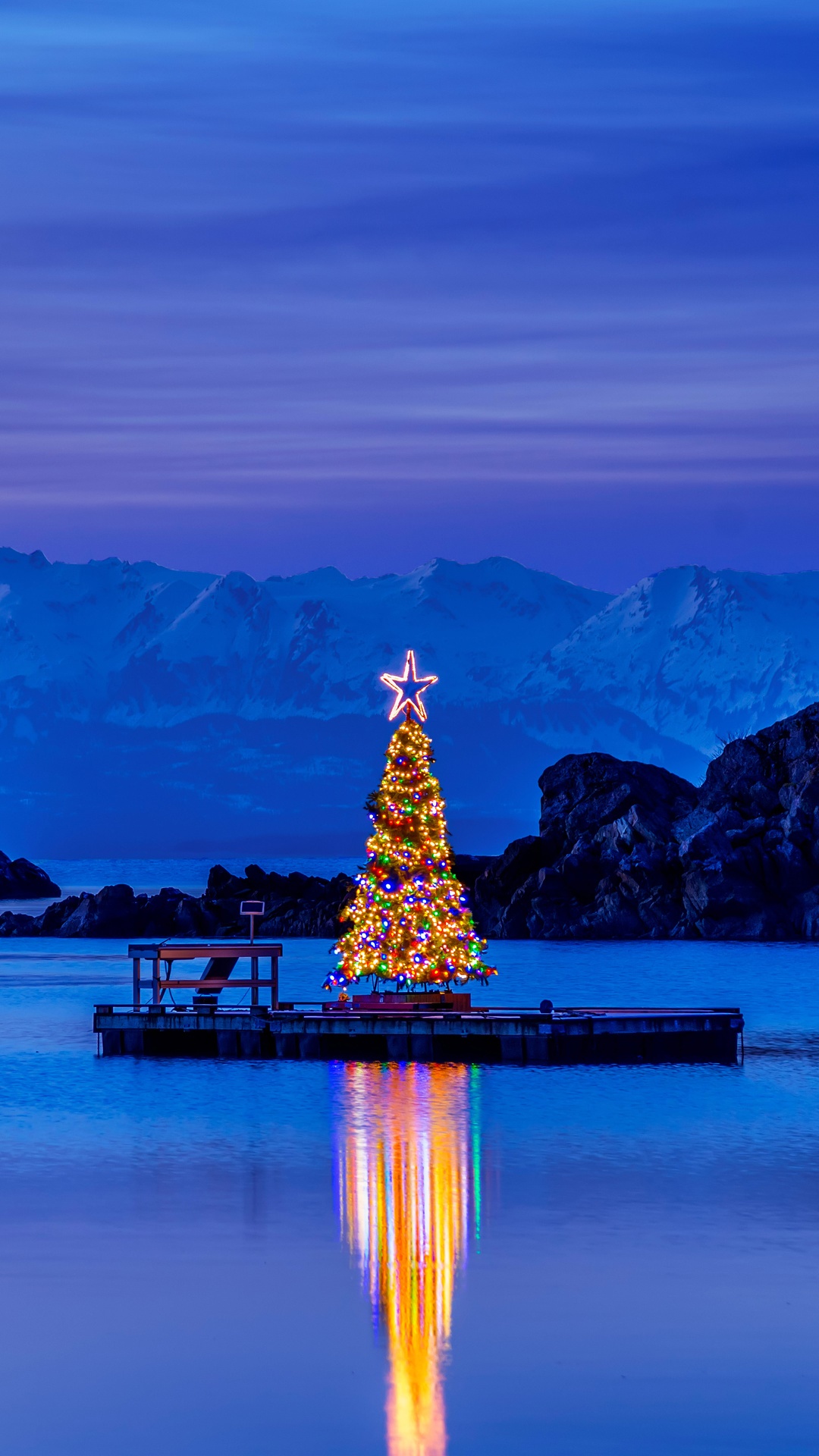 Christmas Tree on a Dock at Dusk HD Phone Wallpaper