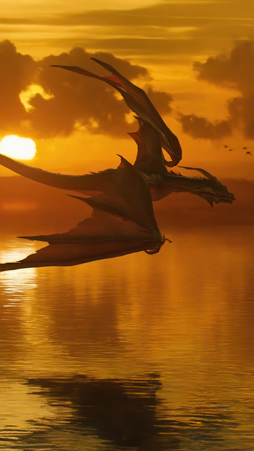 Dragon flying over water at sunset HD Phone Wallpaper