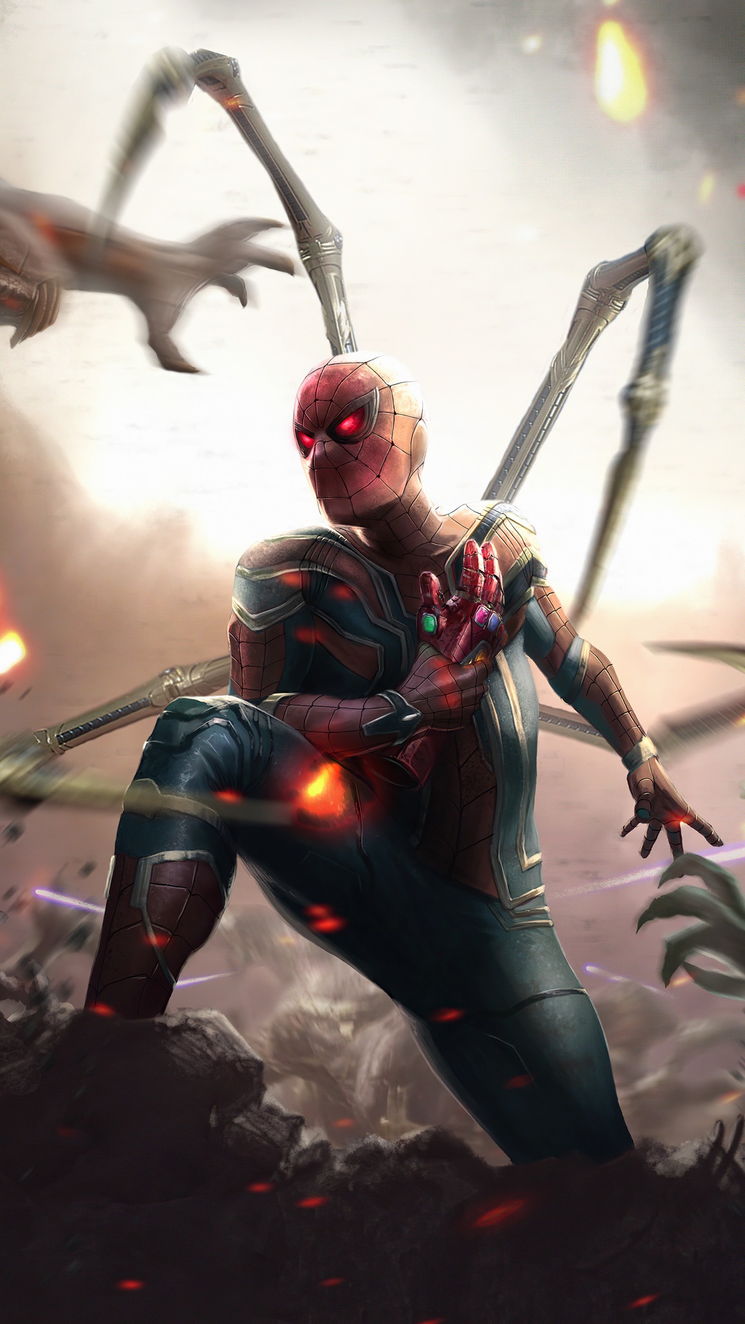 Spider-Man with Infinity Gauntlet and Iron Spider suit HD Phone Wallpaper