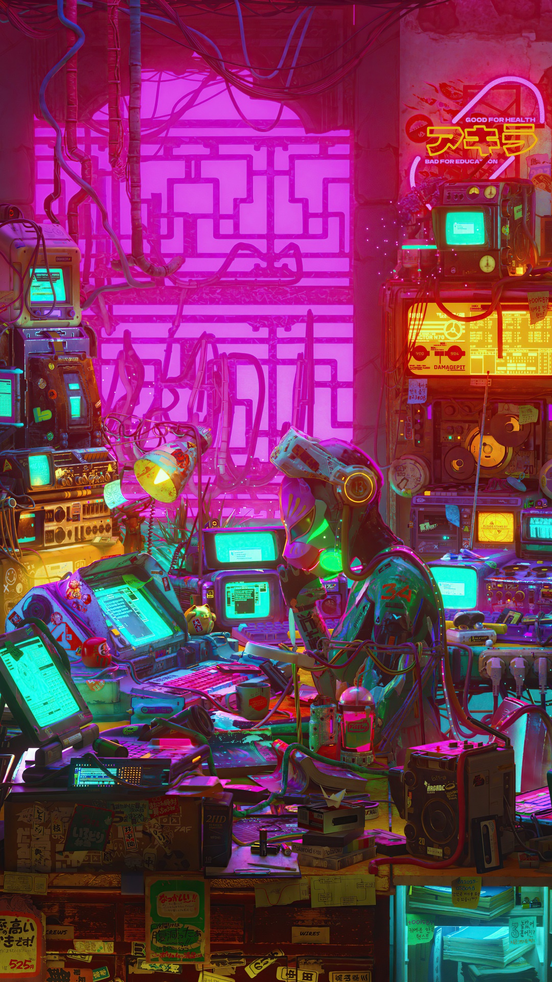 Cyberpunk Akiras Lab with Neon Signs HD Phone Wallpaper