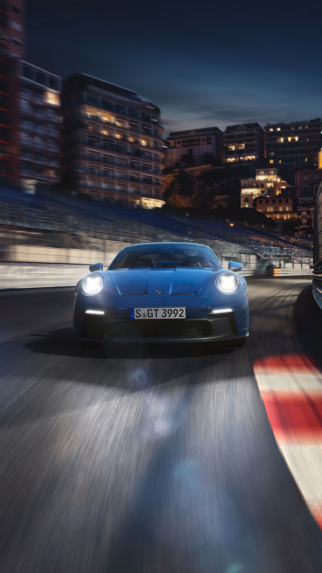 Blue Porsche 911 GT3 on a Race Track at Night HD Phone Wallpaper