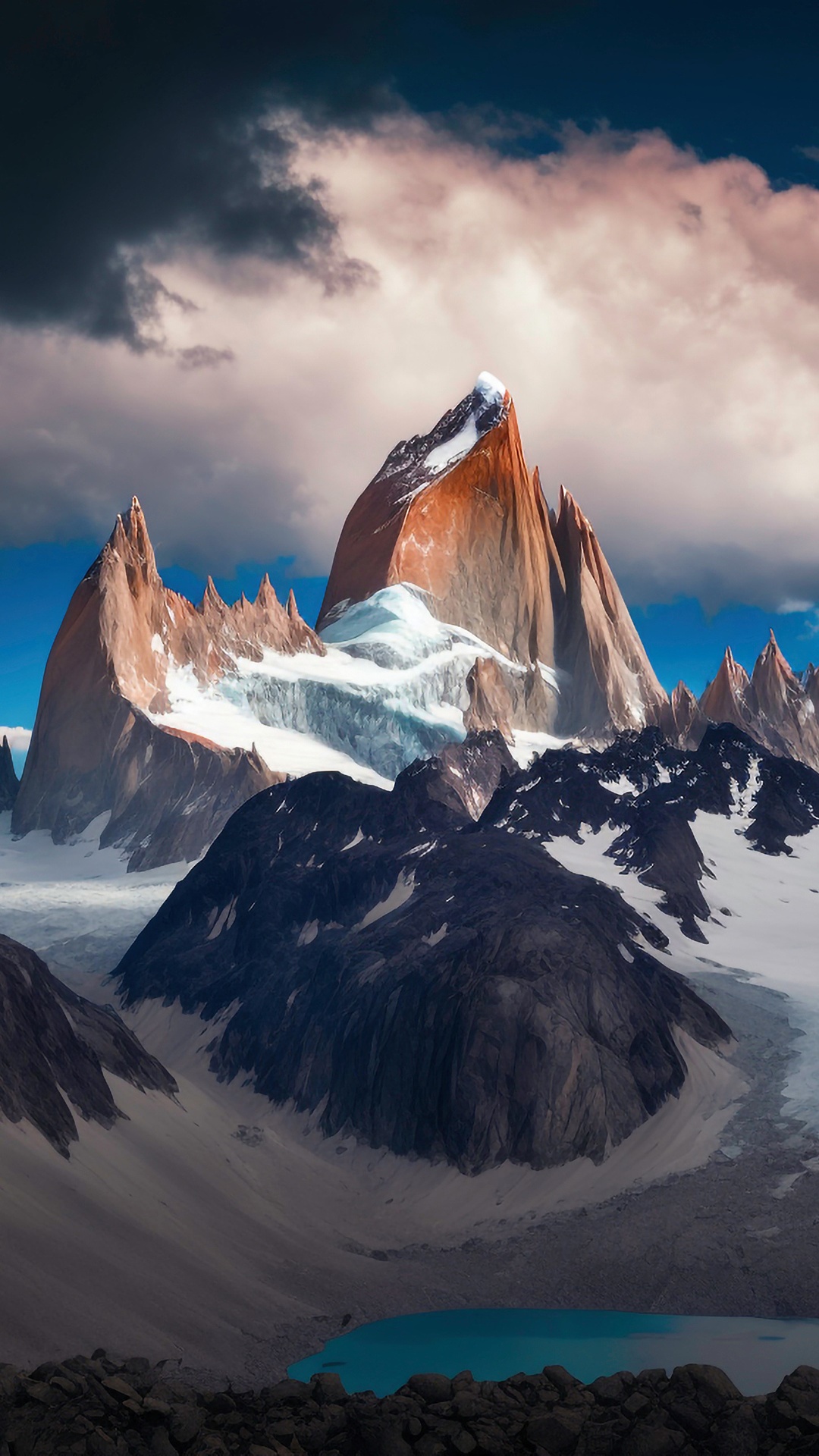Fitz Roy mountain range with clouds and lake HD Phone Wallpaper