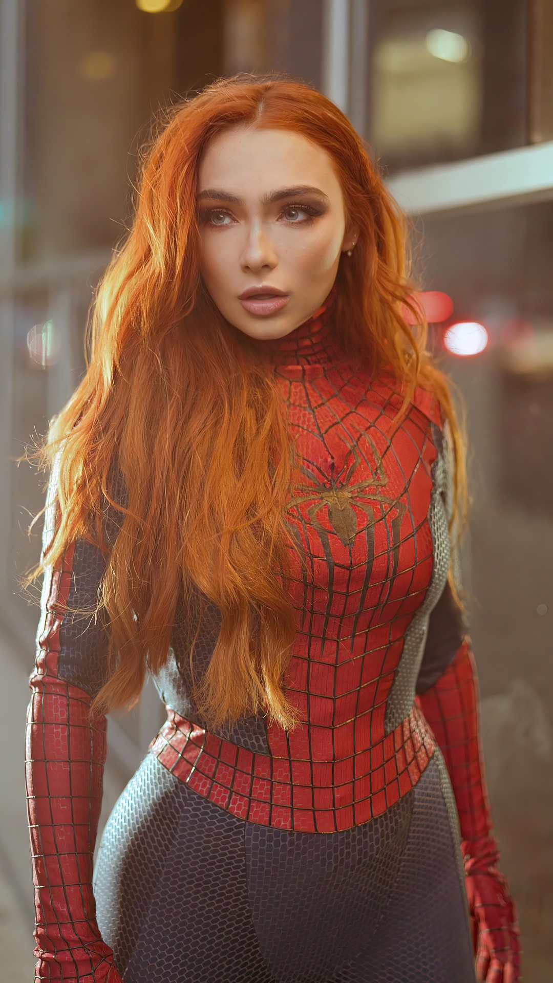 Spidergirl Cosplay with Red Hair HD Phone Wallpaper