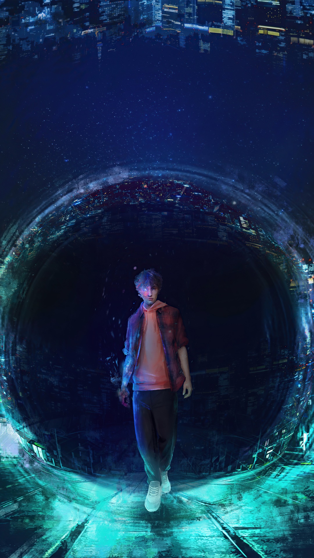 Man walking through a portal to a city at night HD Phone Wallpaper