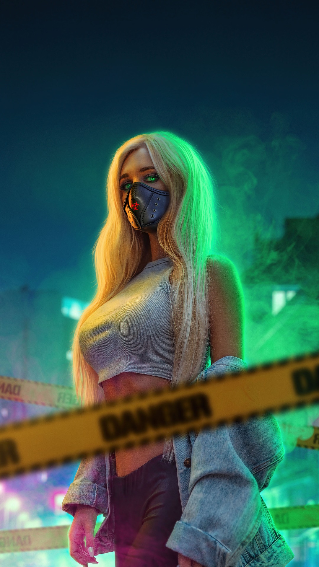Woman with mask and neon lights HD Phone Wallpaper