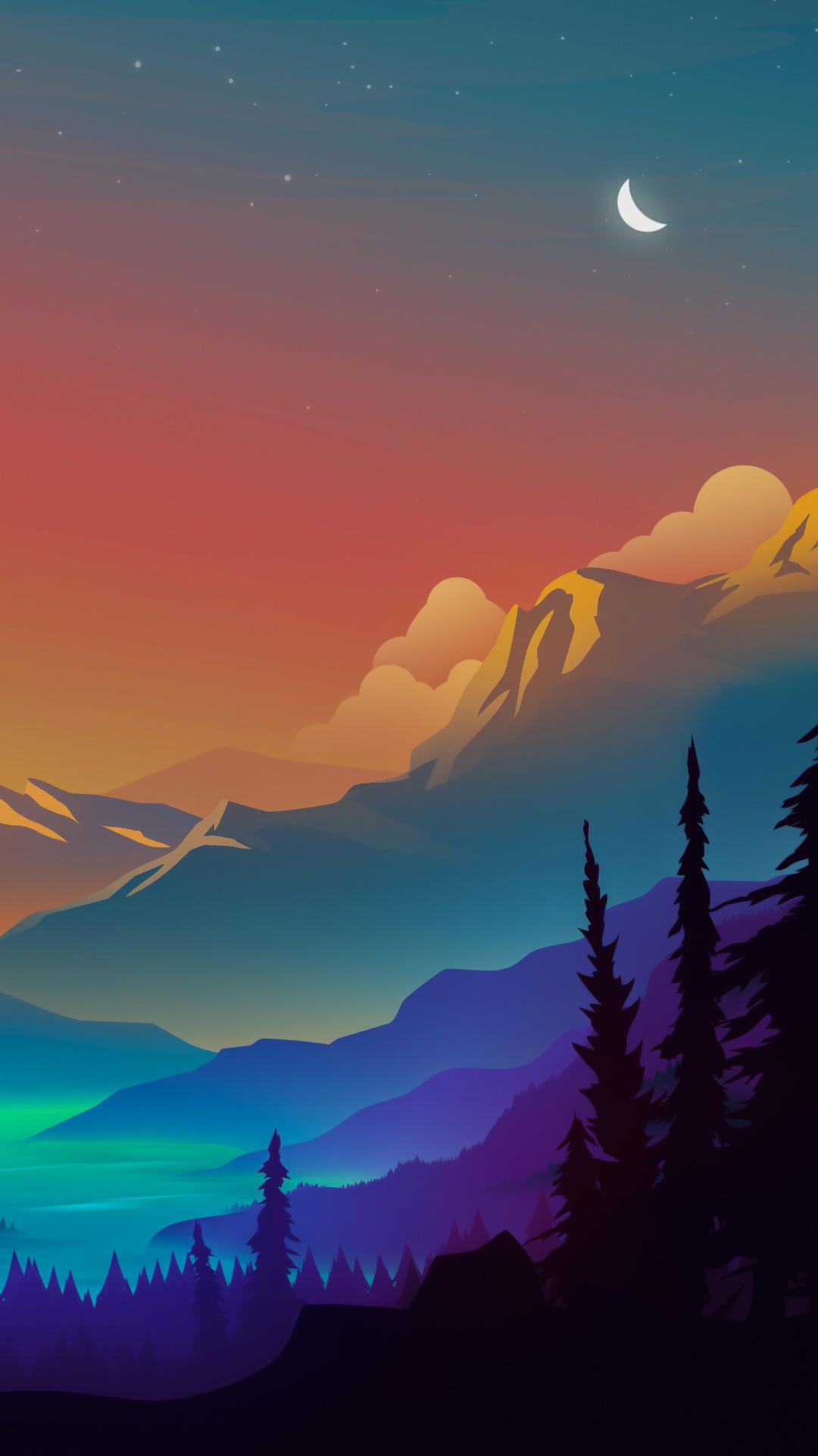 Digital art of a mountain landscape at dusk HD Phone Wallpaper