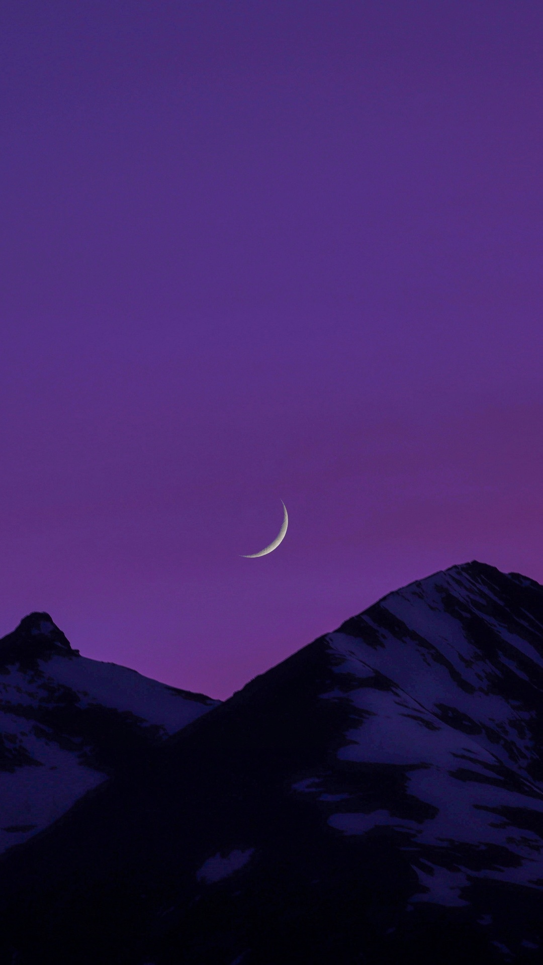 Crescent moon over snow-capped mountains at dusk HD Phone Wallpaper