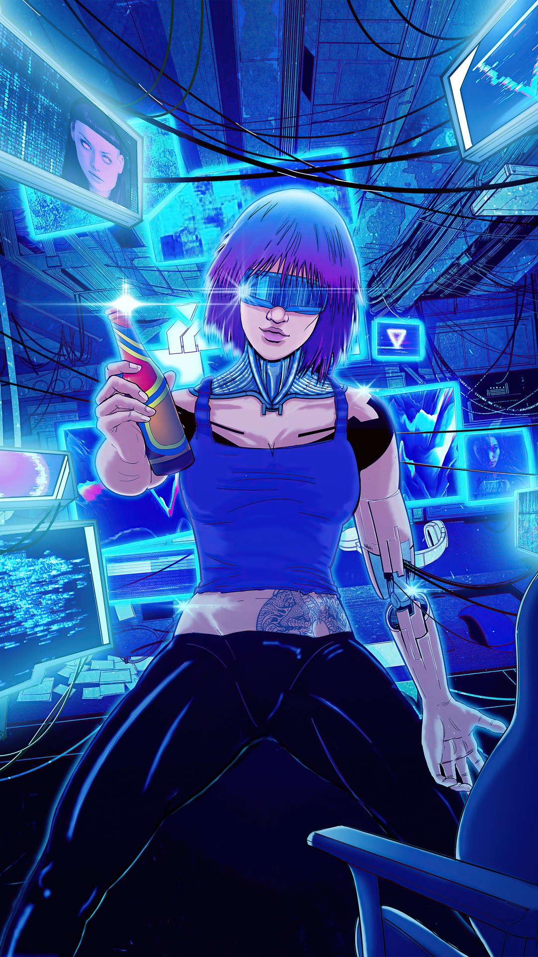 Cyberpunk woman with robotic arm holding a bottle HD Phone Wallpaper