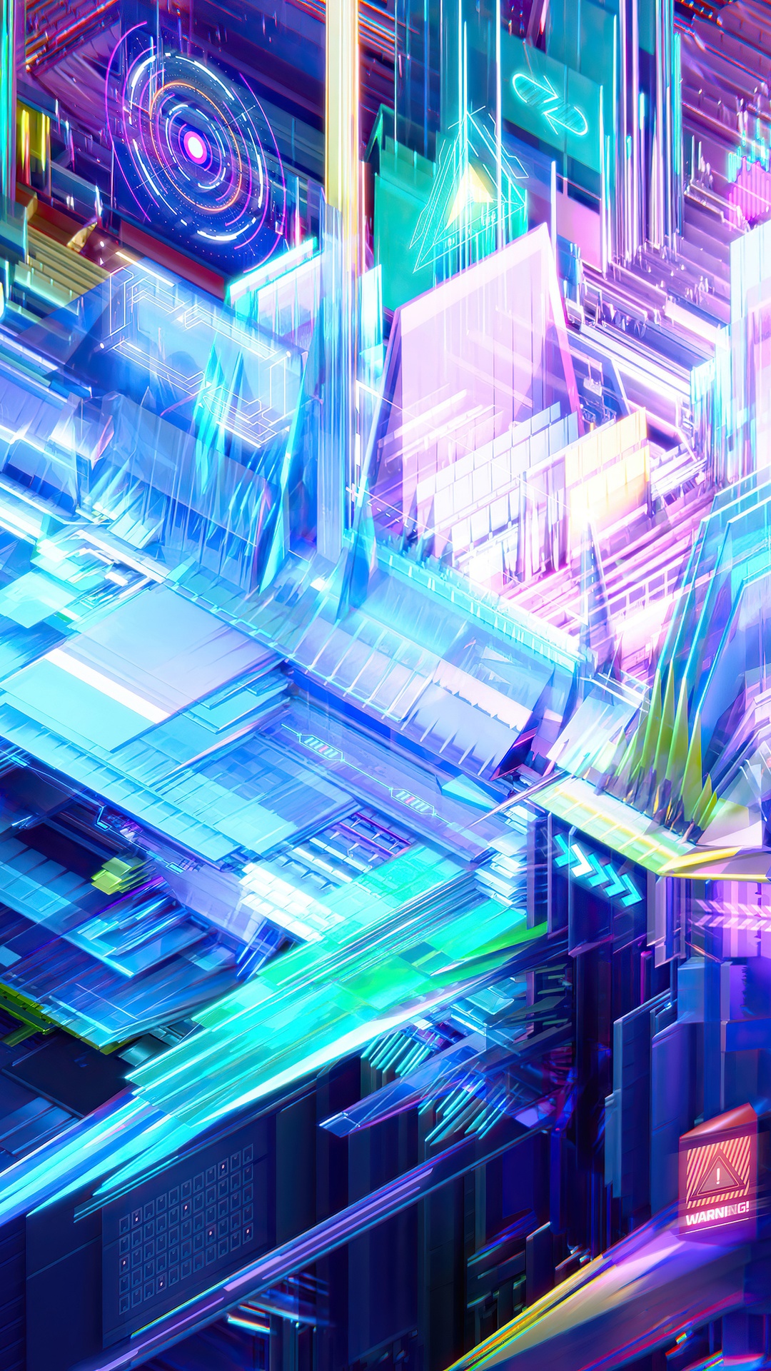 Abstract digital art with geometric shapes and neon lights HD Phone Wallpaper