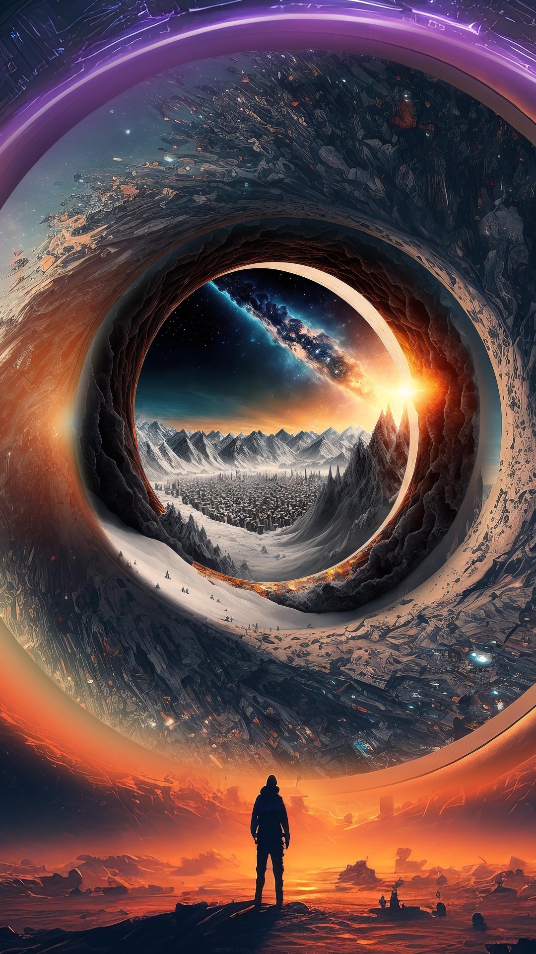 Surreal Sci-Fi Landscape with City and Galaxy HD Phone Wallpaper