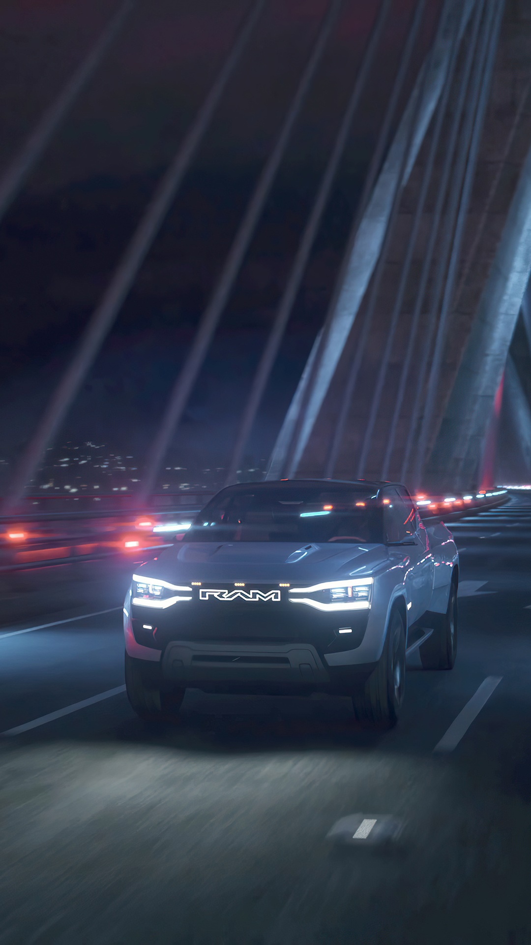 Ram electric concept truck driving on a bridge at night HD Phone Wallpaper