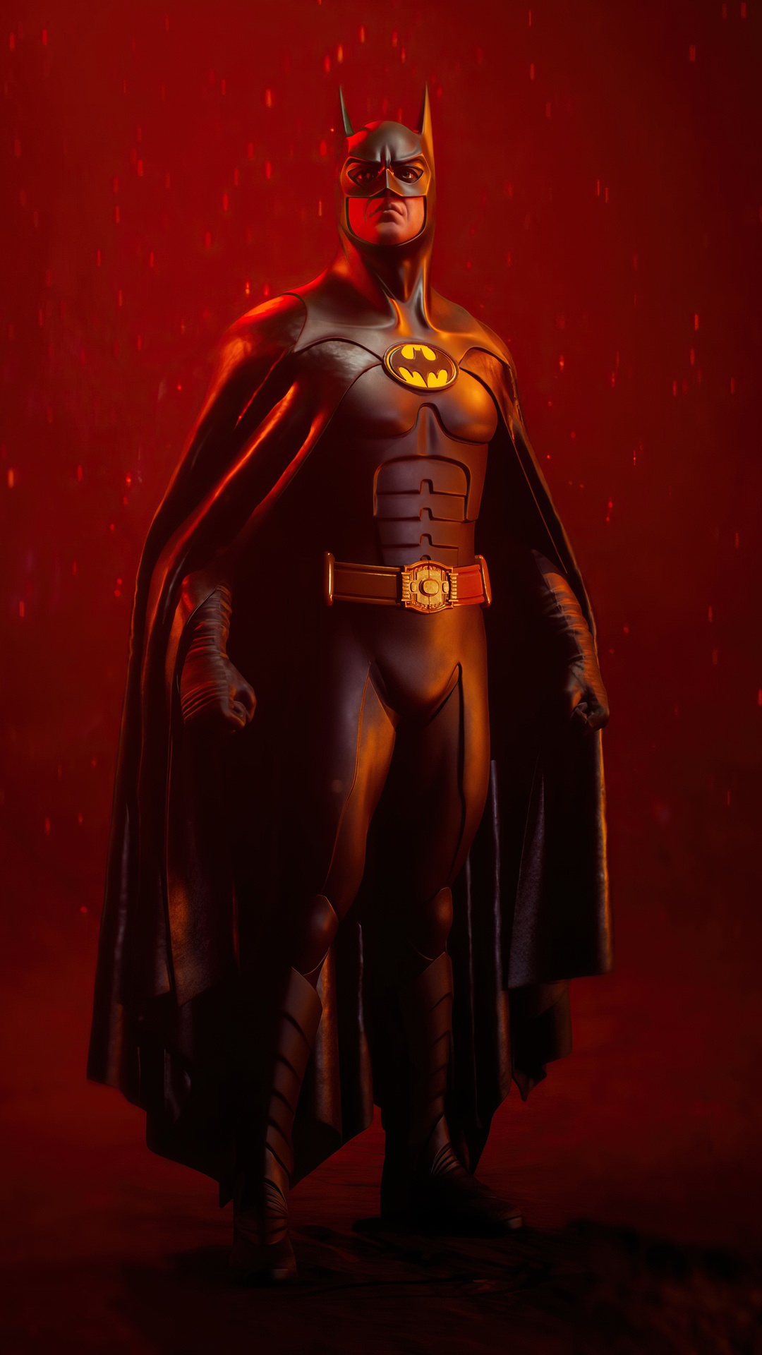 Batman standing in front of a red background HD Phone Wallpaper