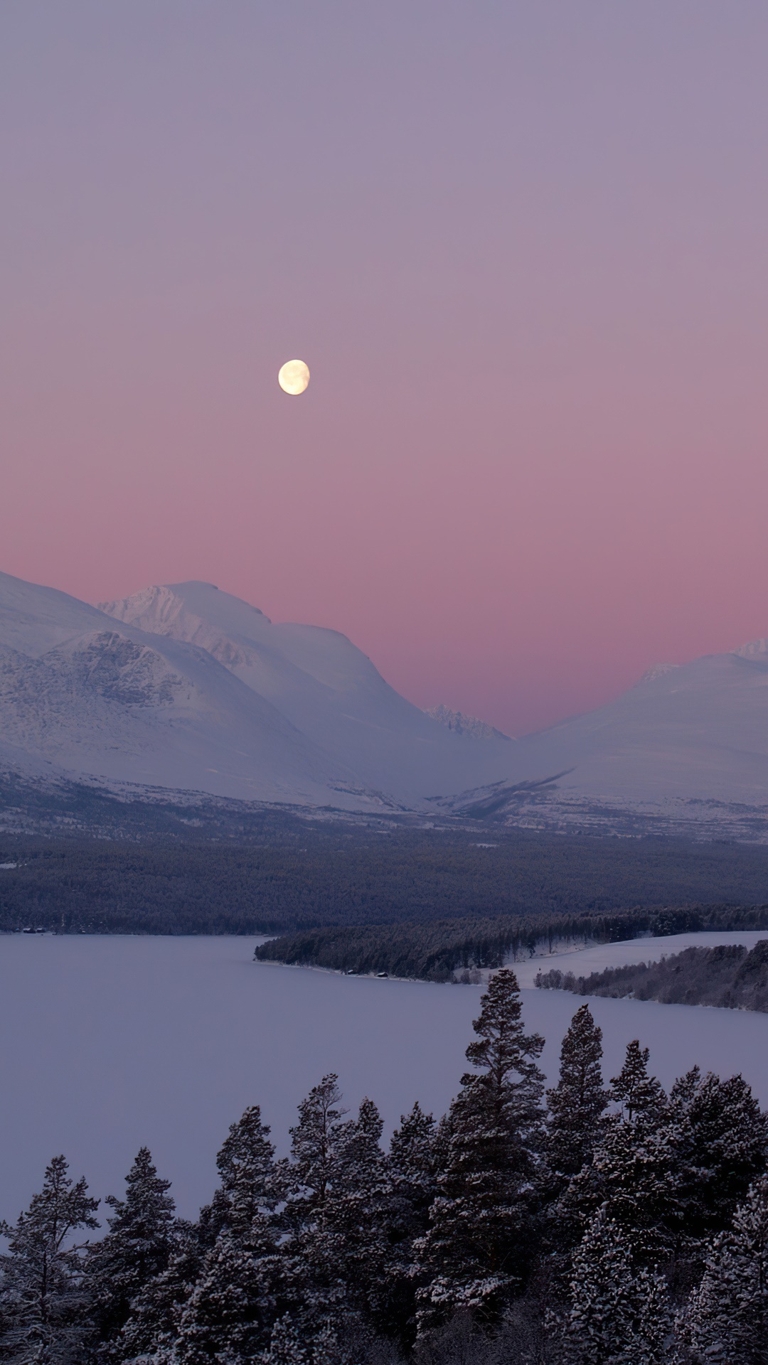 Moonlit snow-covered mountains and frozen lake HD Phone Wallpaper