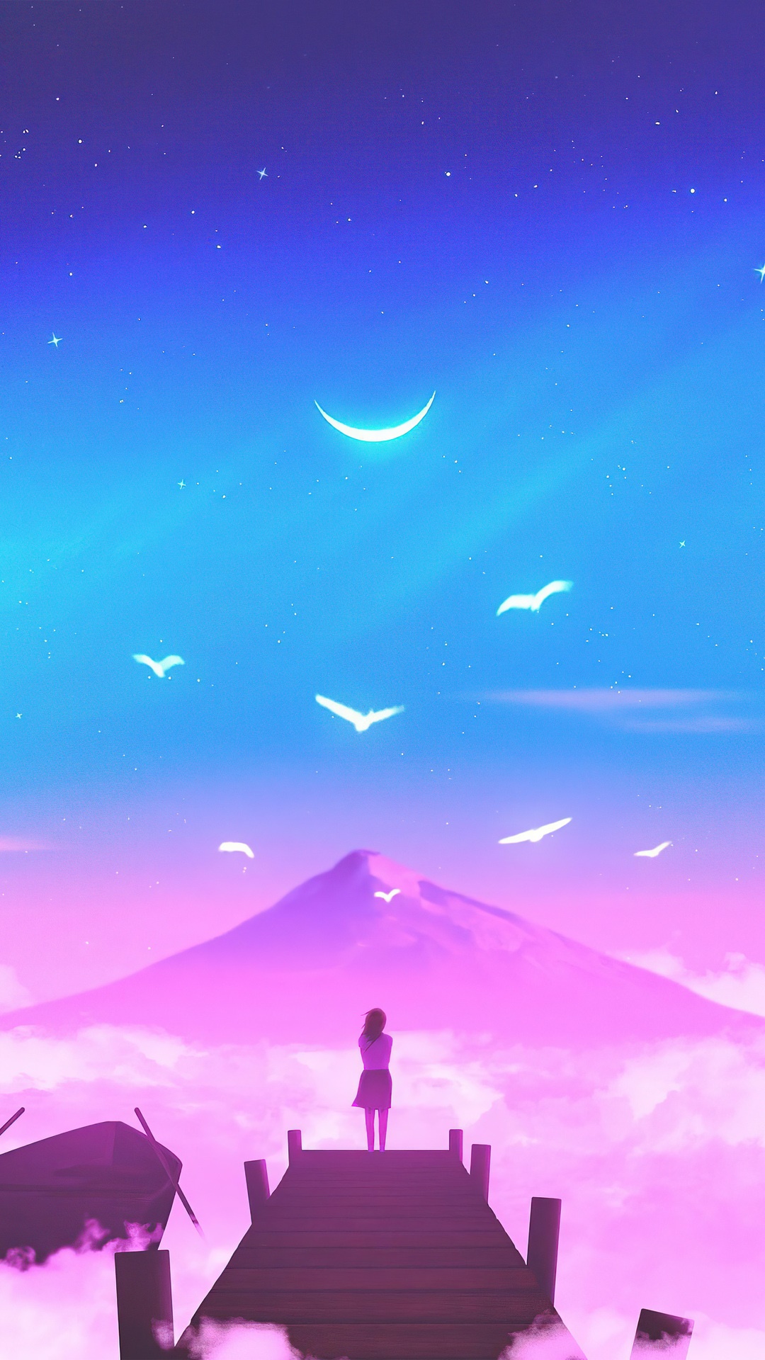 Girl on a dock overlooking a mountain and moonlit sky HD Phone Wallpaper