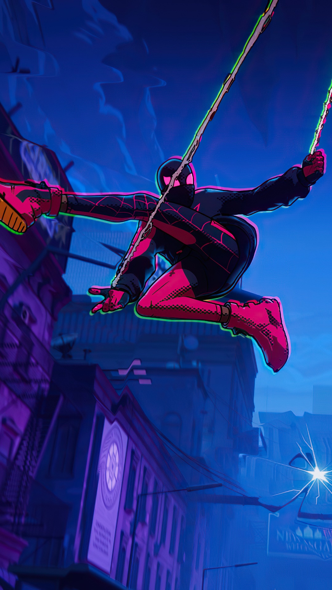 Spider-Man Swinging Through City at Night HD Phone Wallpaper