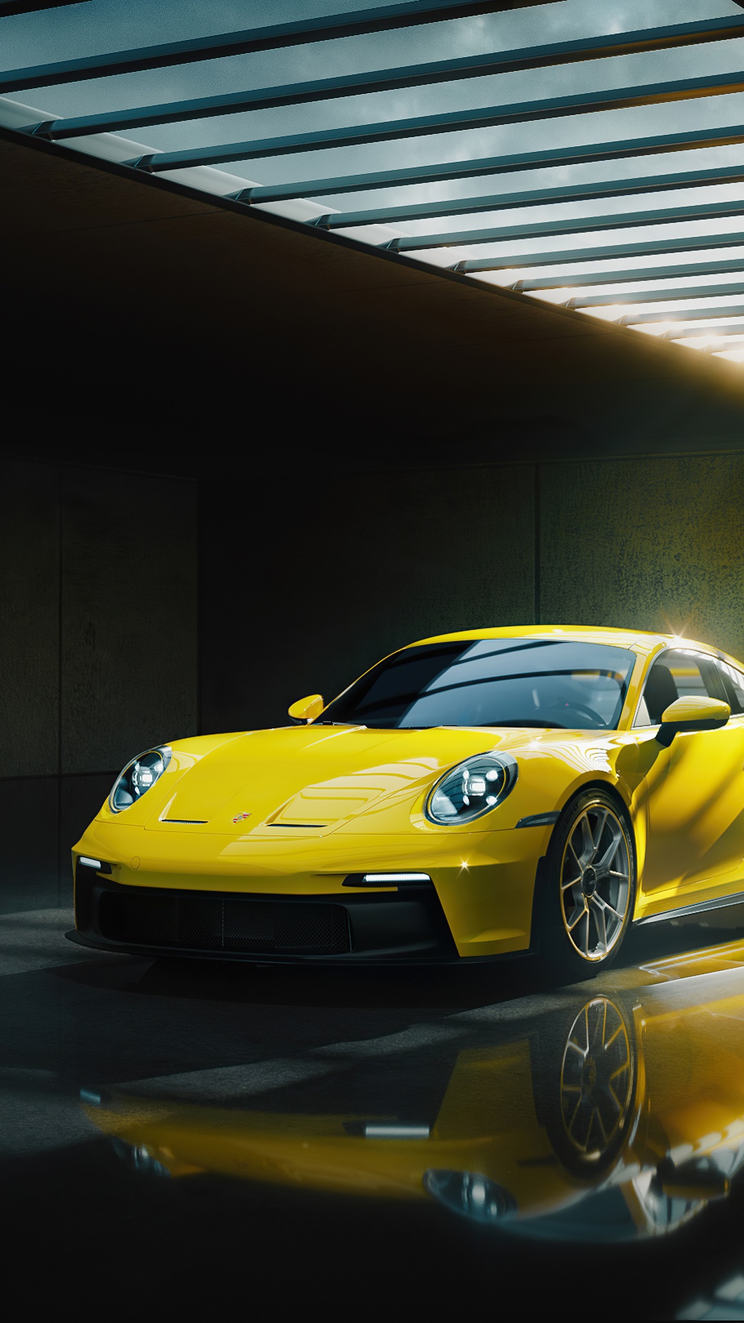 Yellow Porsche 911 GT3 in a modern garage HD Phone Wallpaper