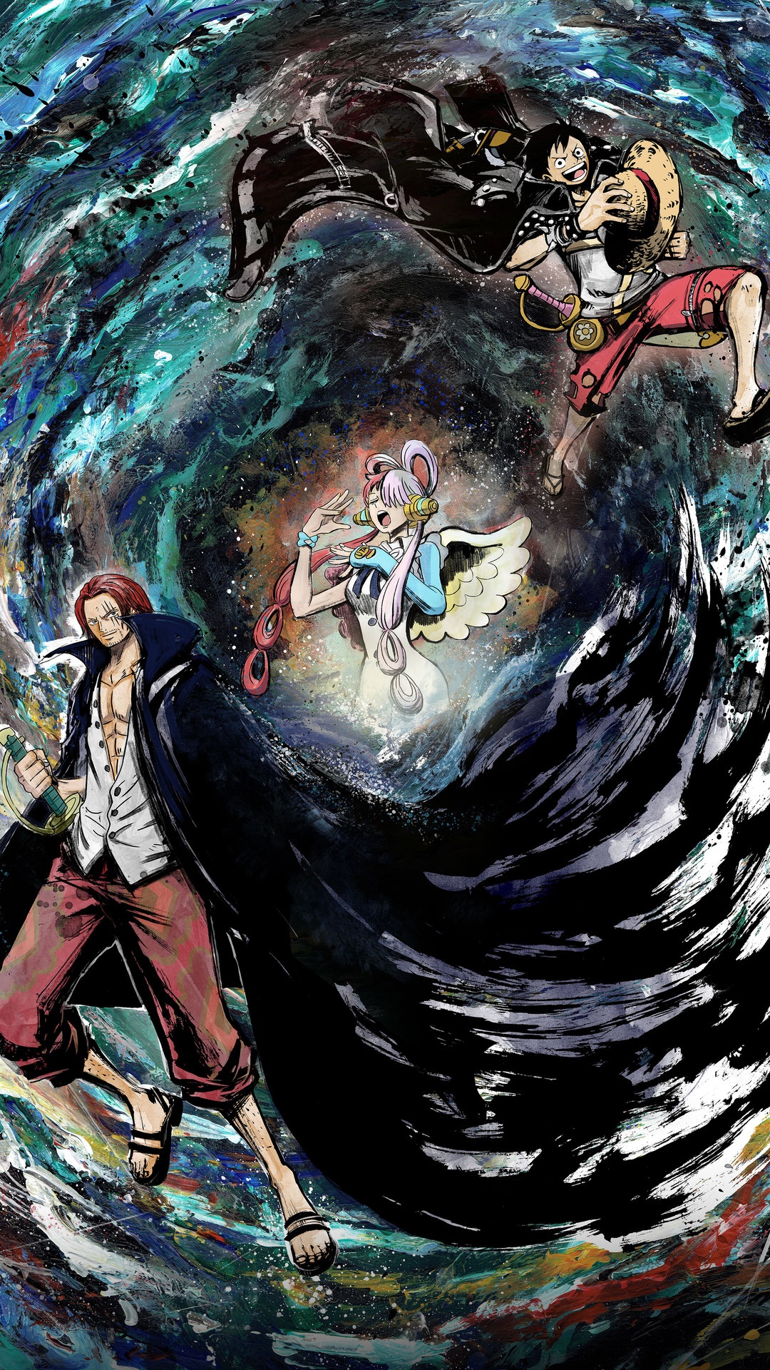 One Piece Film Red: Shanks, Luffy, and Uta in a swirling vortex HD Phone Wallpaper