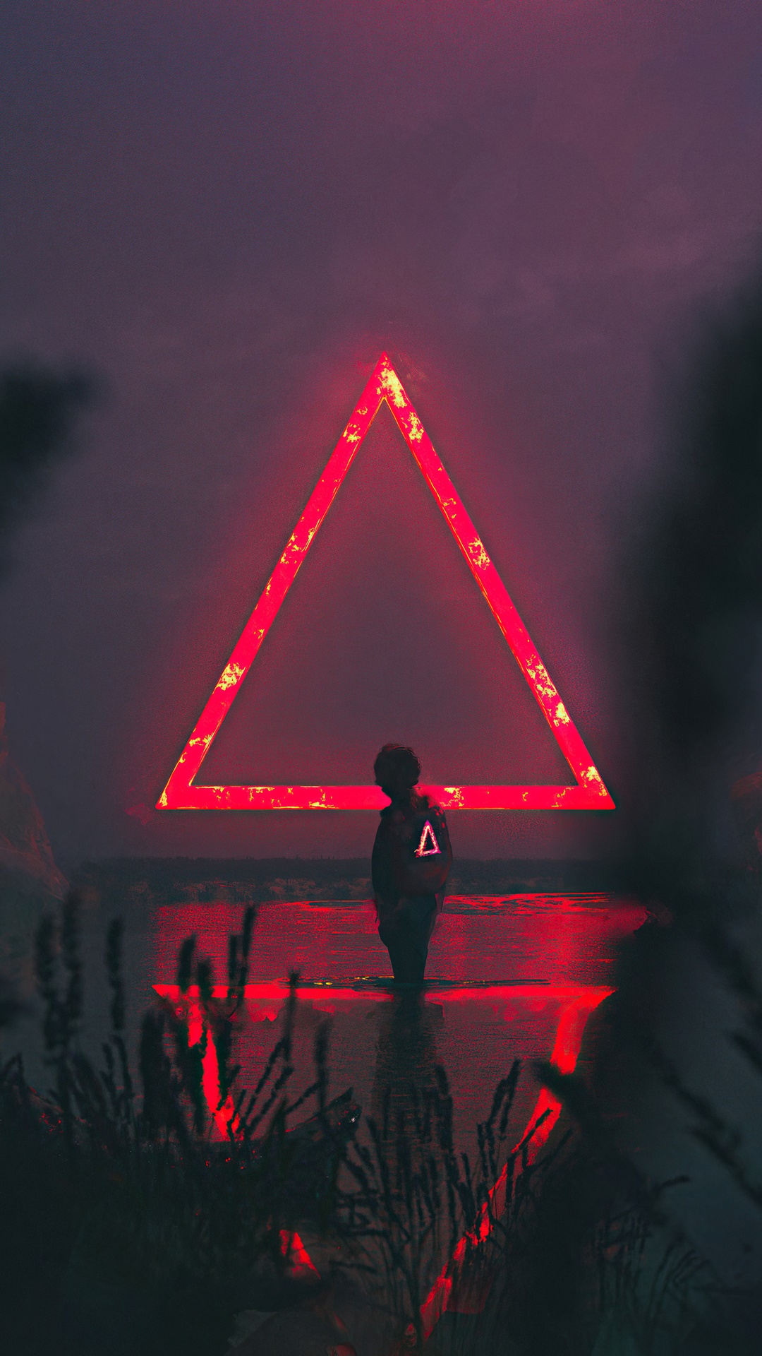 Digital Art of a Person Standing in Water Under a Neon Triangle HD Phone Wallpaper