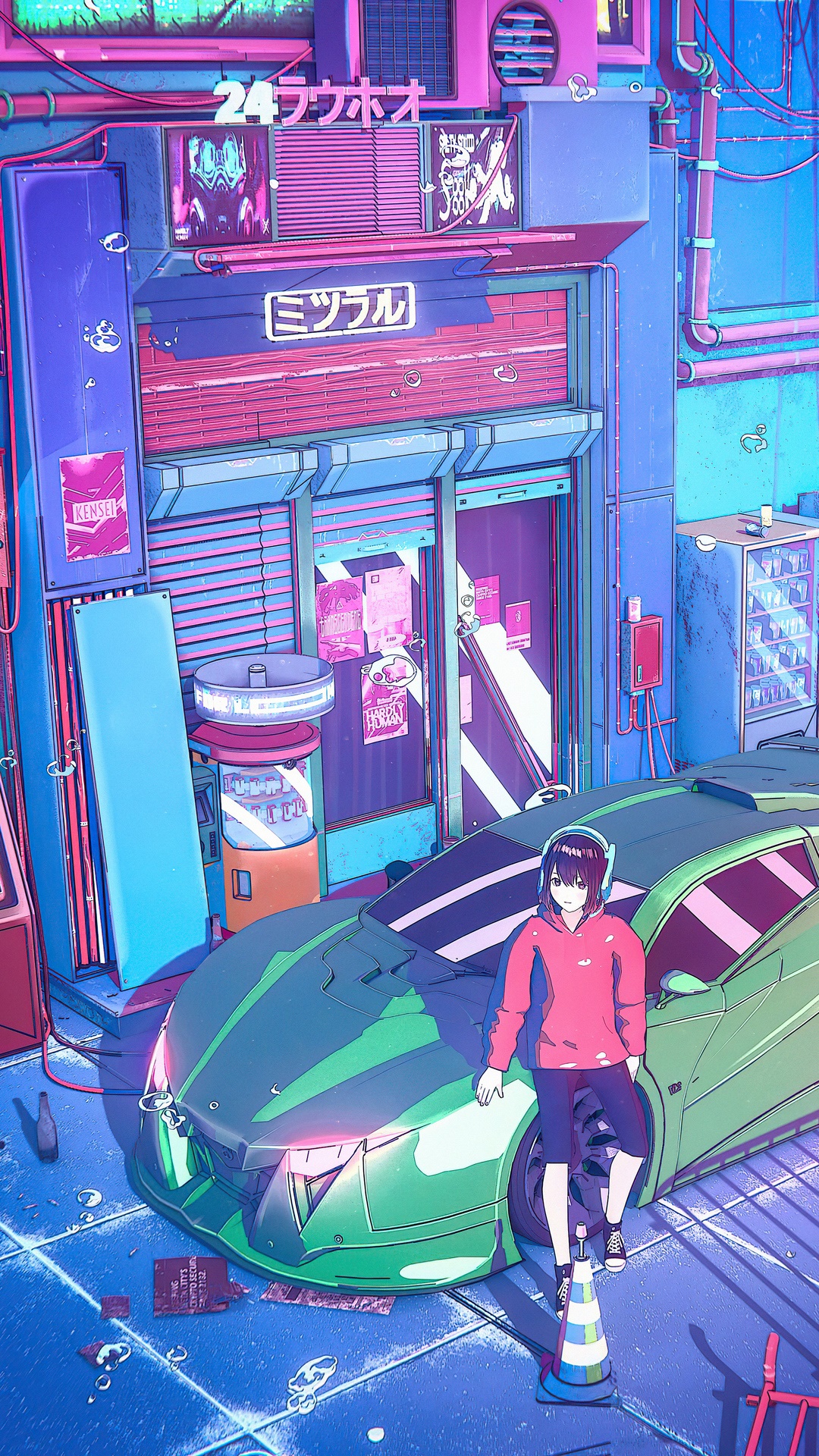 Cyberpunk street scene with a person and a car HD Phone Wallpaper