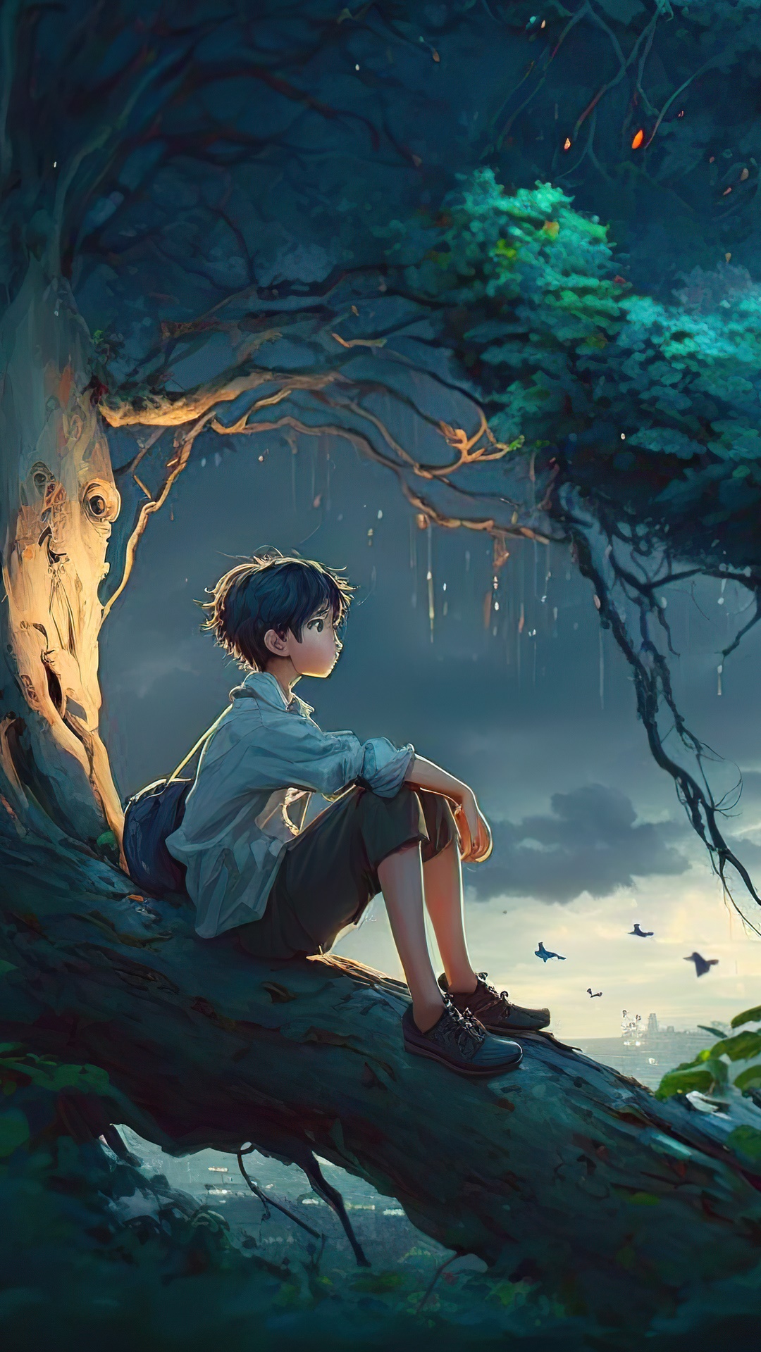 Boy sitting on a tree branch at night HD Phone Wallpaper